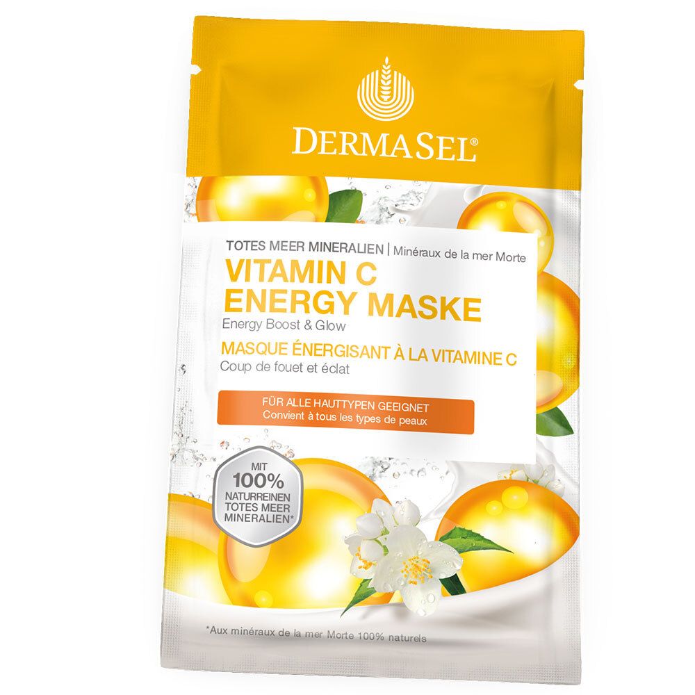 Emballage jaune avec nom du produit et illustrations. Texte: Masque Énergisant à la Vitamine C, convient à tous les types de peaux.