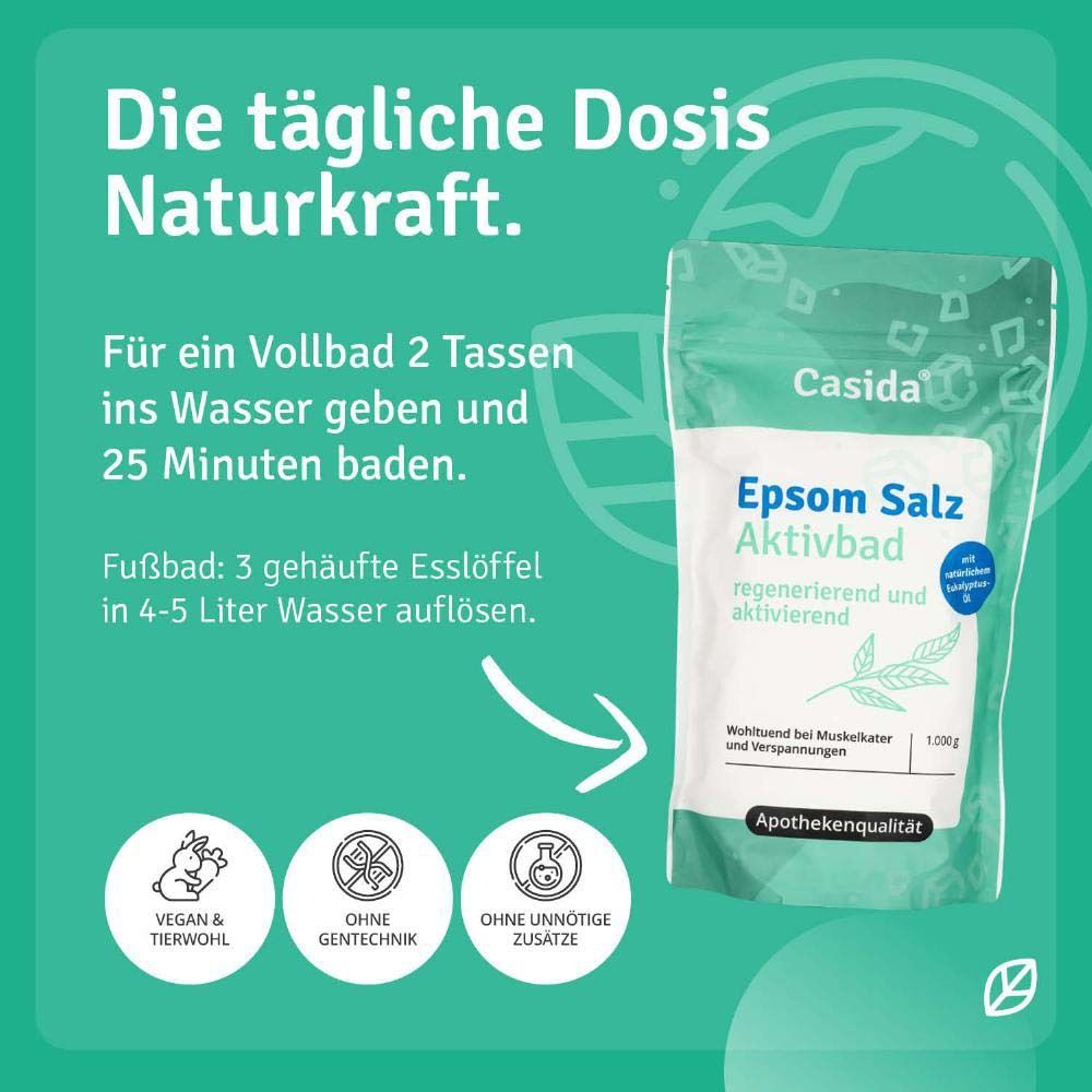 Instructions d'utilisation du sel de bain Epsom Aktivbad : bain complet (2 tasses) et bain de pieds (3 cuillères).