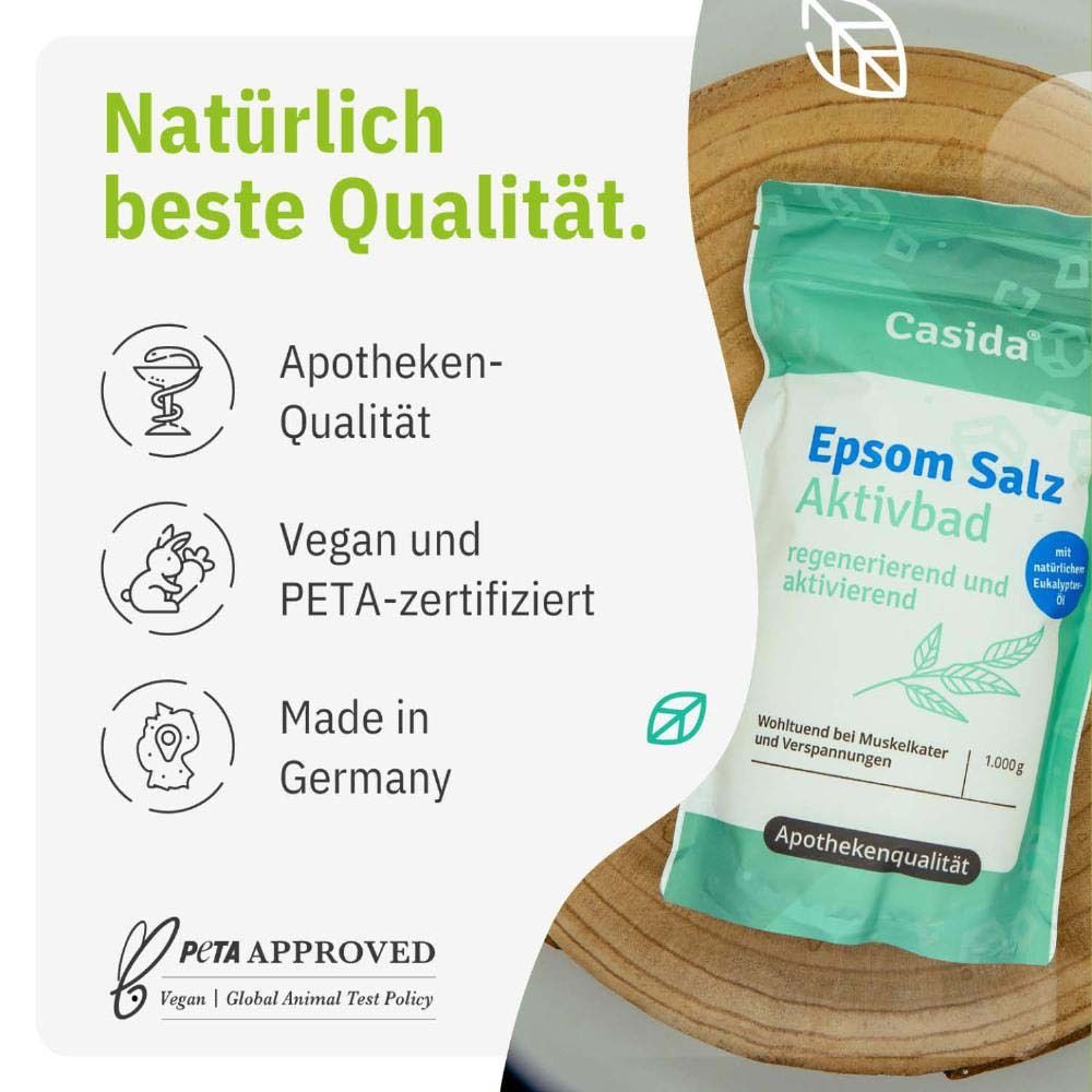 Liste des caractéristiques du sel de bain Epsom Aktivbad : végétalien, sans OGM, sans additifs, non testé sur les animaux, qualité pharmaceutique.