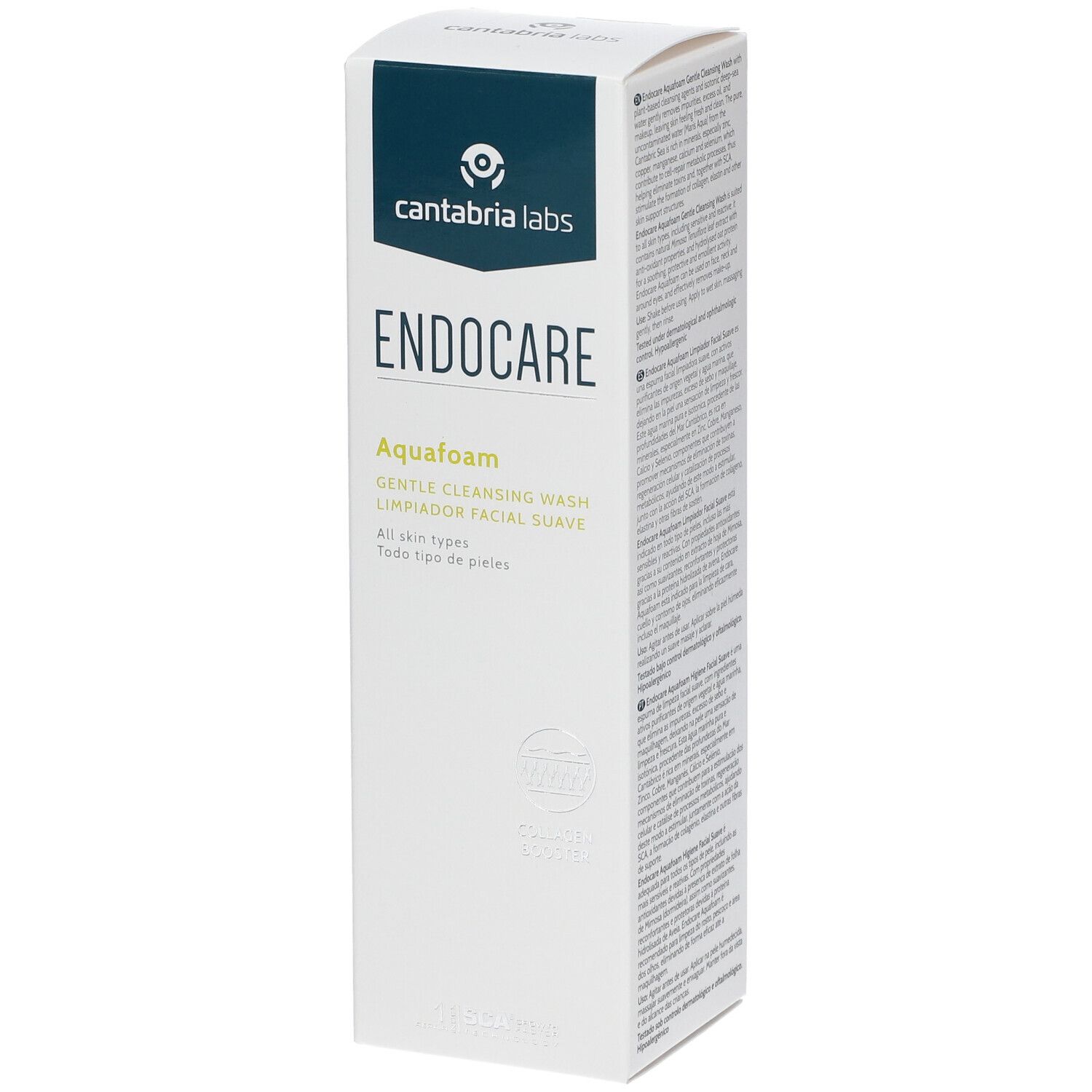Emballage Endocare Aquafoam. Boîte blanche avec logo bleu et nom du produit. Texte en anglais et espagnol.