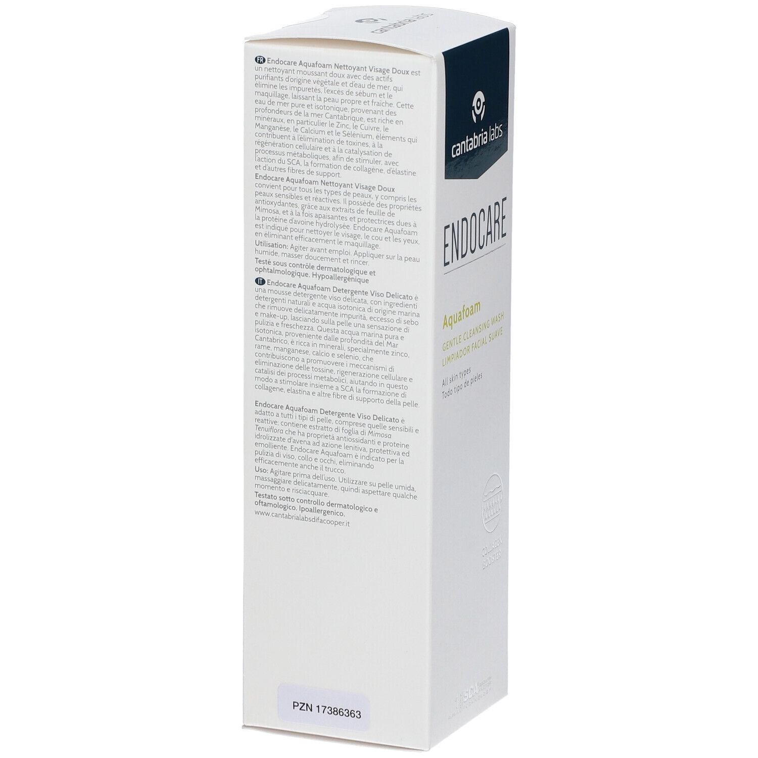 Vue latérale de l'emballage Endocare Aquafoam. Boîte blanche avec texte multilingue. Numéro PZN.