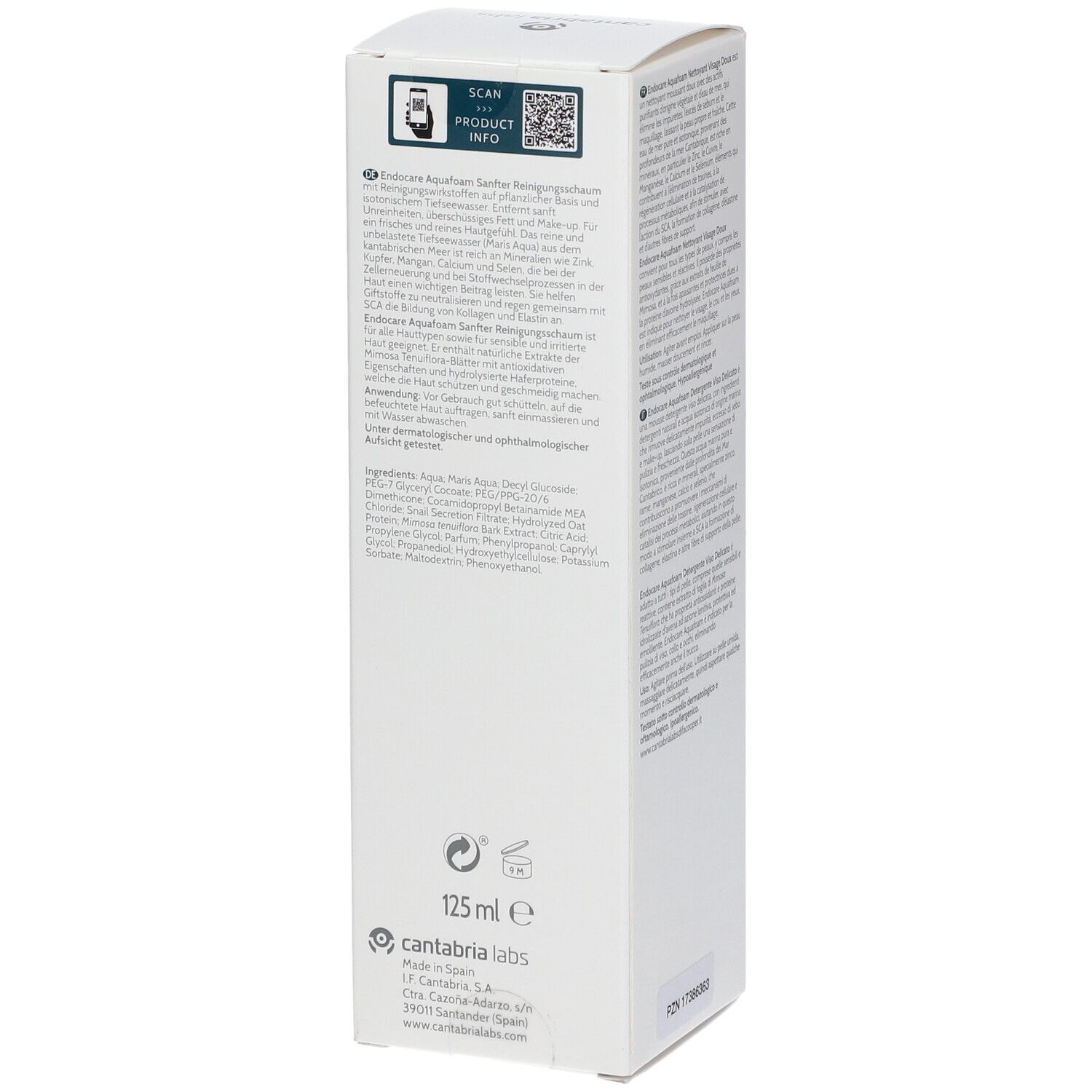 Dos de l'emballage Endocare Aquafoam. Contient ingrédients, code QR et volume: 125 ml.
