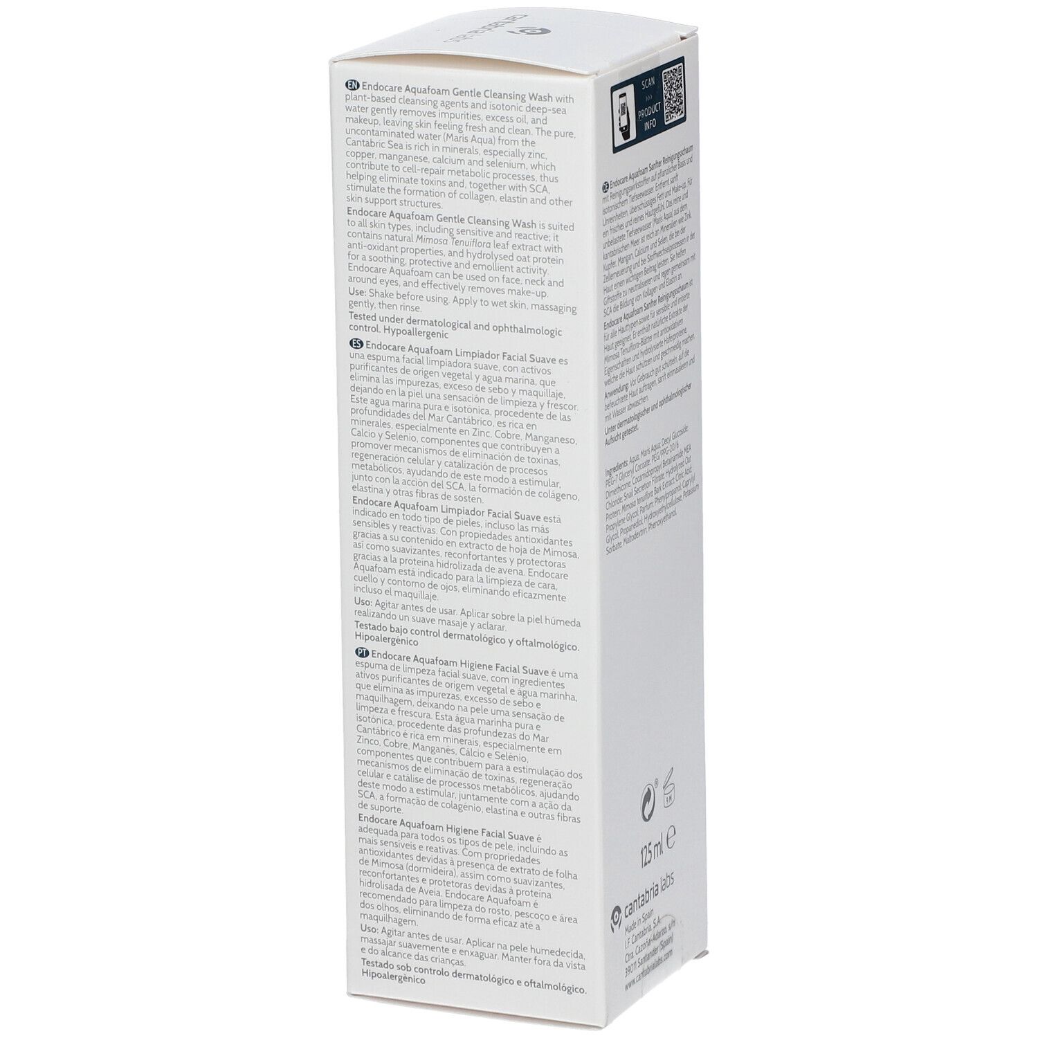 Vue latérale de l'emballage Endocare Aquafoam. Texte multilingue. Volume: 125 ml.