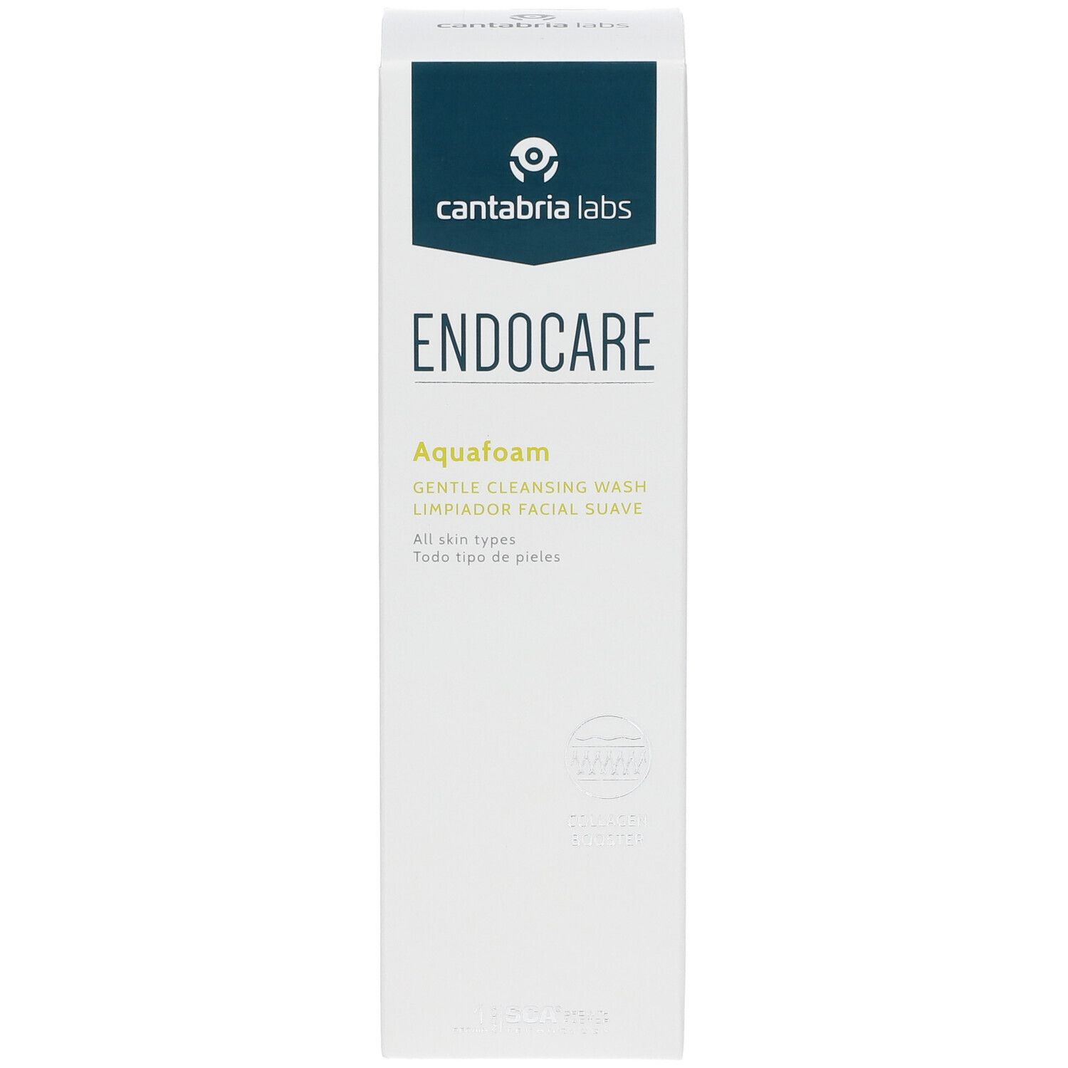 Vue de face de l'emballage Endocare Aquafoam. Boîte blanche avec logo bleu et nom du produit. Texte en anglais et espagnol.