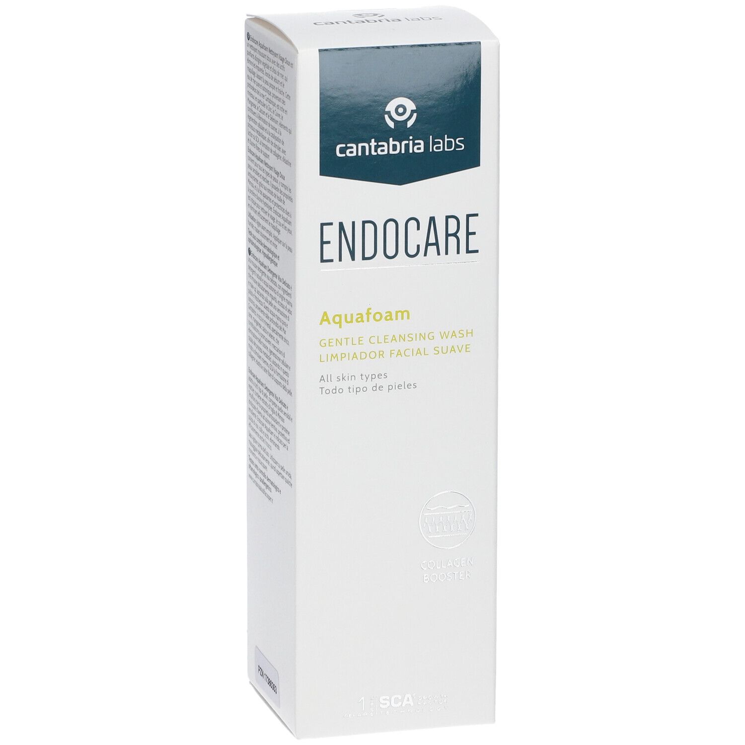 Vue en biais de l'emballage Endocare Aquafoam. Boîte blanche avec logo bleu et nom du produit. Texte en anglais et espagnol.
