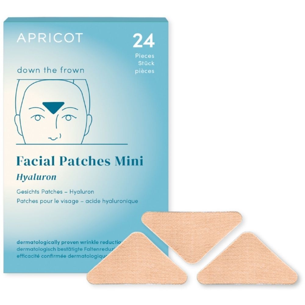 Boîte bleu clair avec nom du produit et 24 patchs. Trois patchs triangulaires à côté.