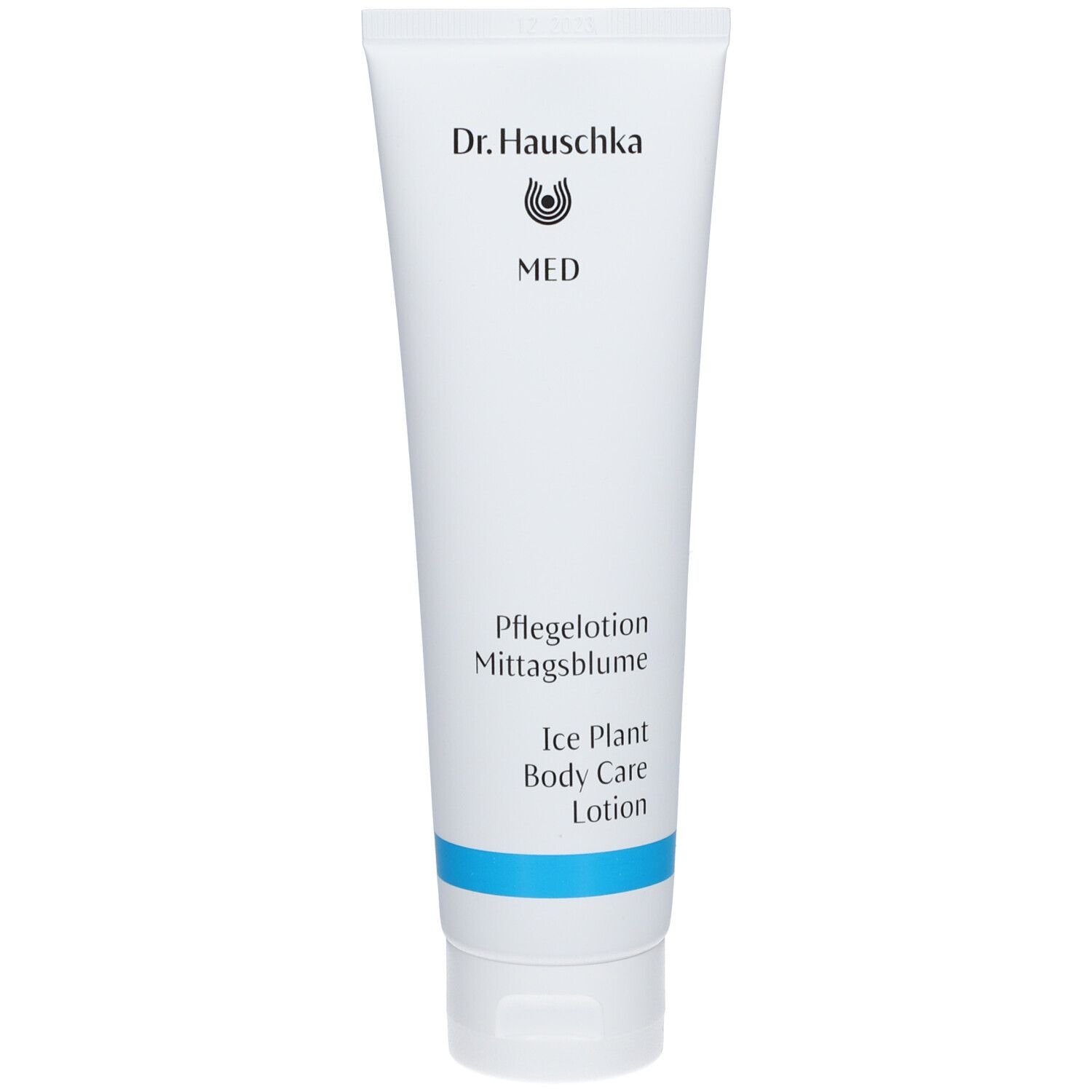 Tube blanche avec ligne bleue. Inscription: Dr. Hauschka MED, Pflegelotion Mittagsblume, Ice Plant Body Care Lotion.