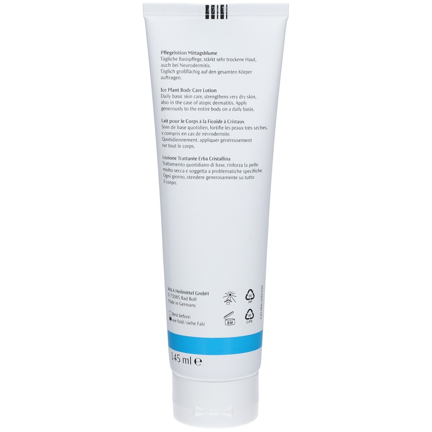 Dos du tube. Texte en allemand, anglais, français et italien. Ligne bleue en bas. 145 ml.