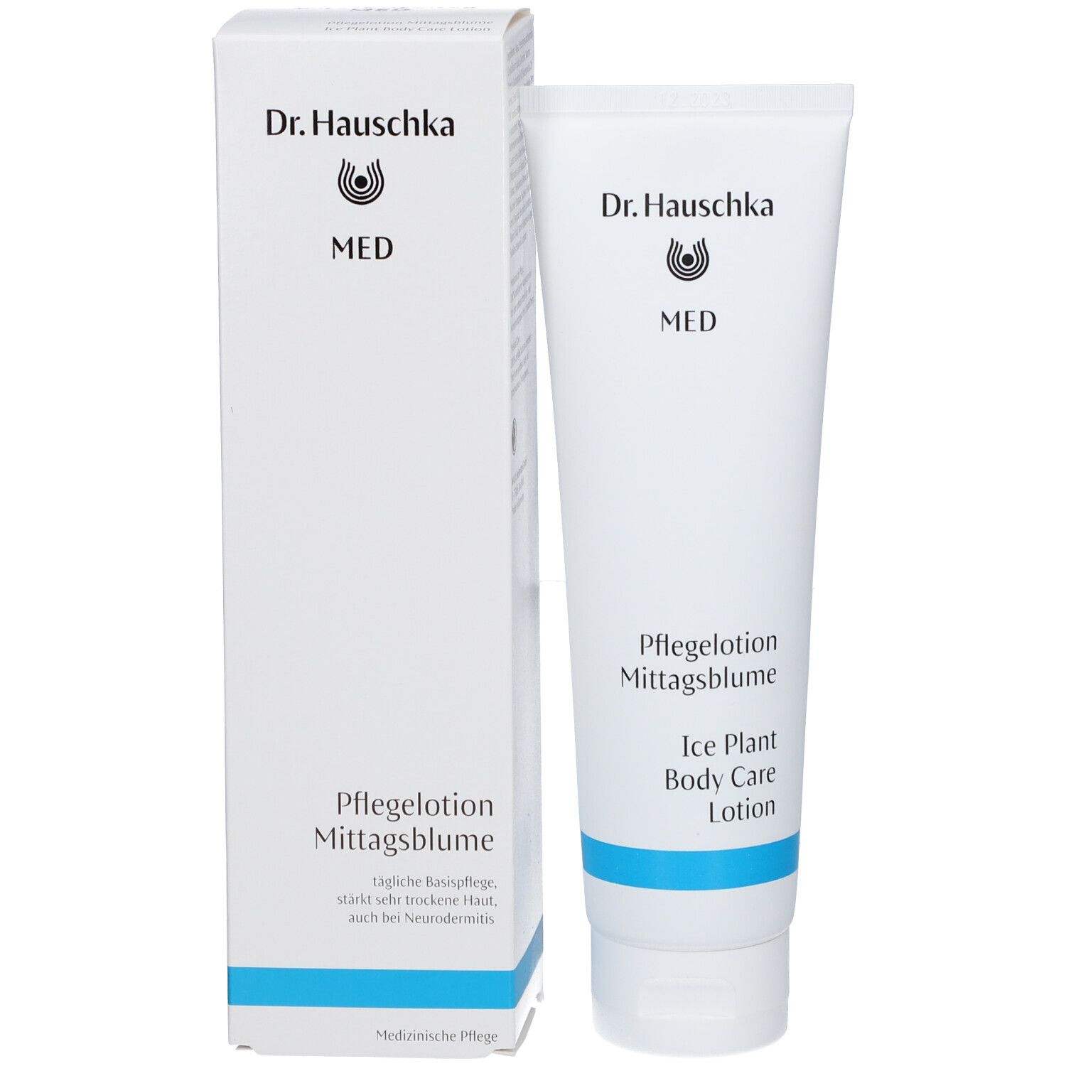 Emballage du produit: tube et boîte. Inscription: Dr. Hauschka MED, Pflegelotion Mittagsblume. Ligne bleue.