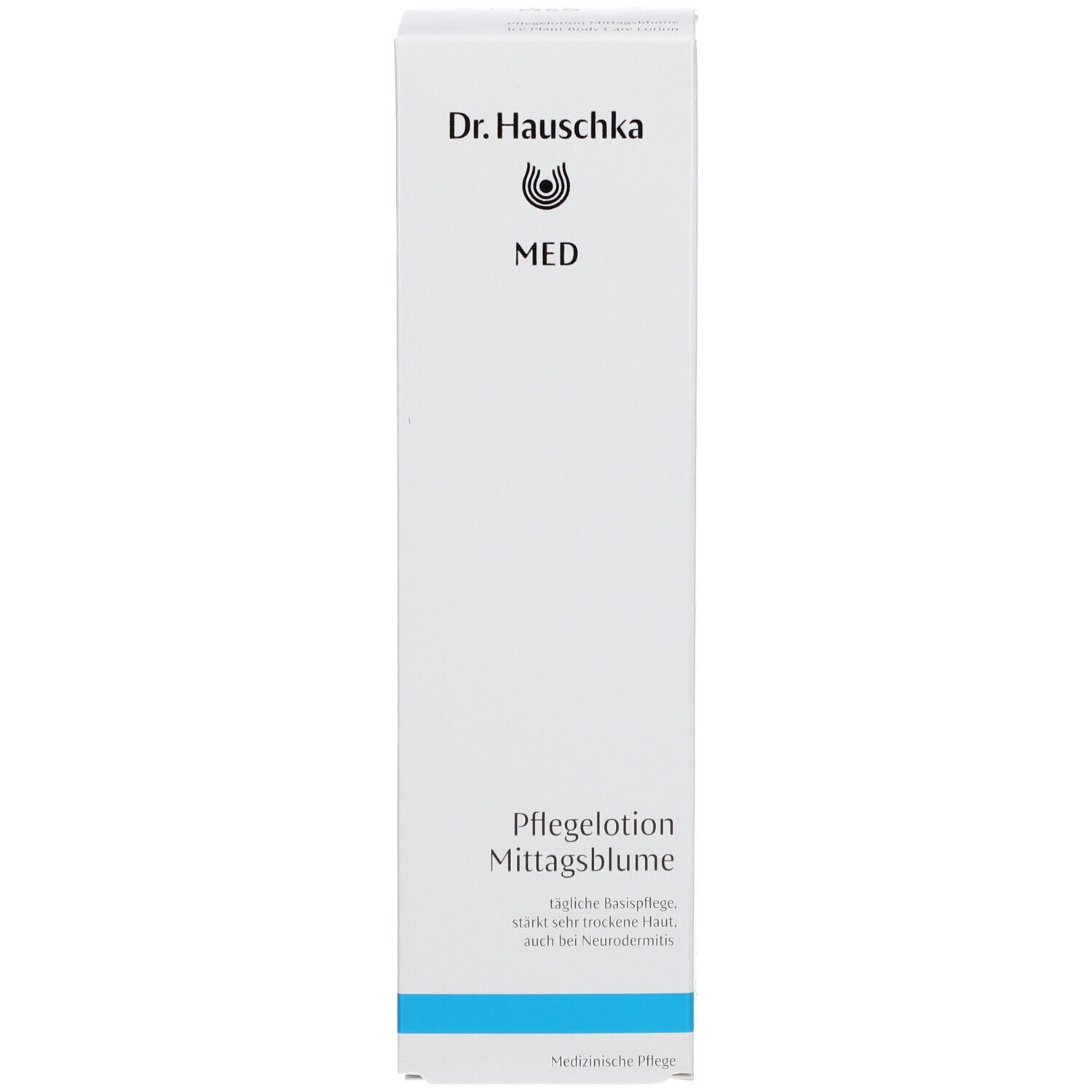 Boîte. Inscription: Dr. Hauschka MED, Pflegelotion Mittagsblume. Ligne bleue en bas.