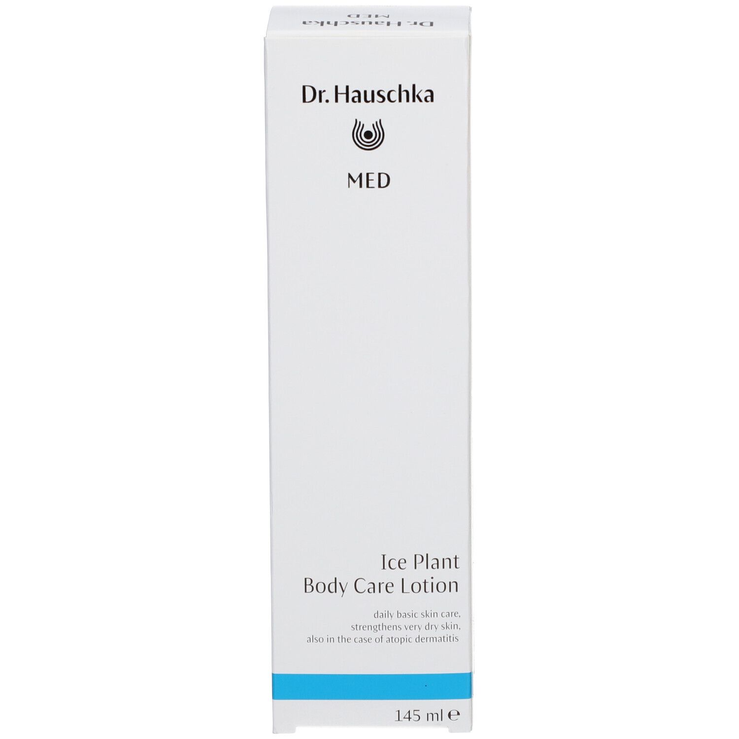 Boîte. Inscription: Dr. Hauschka MED, Ice Plant Body Care Lotion. 145 ml. Ligne bleue.