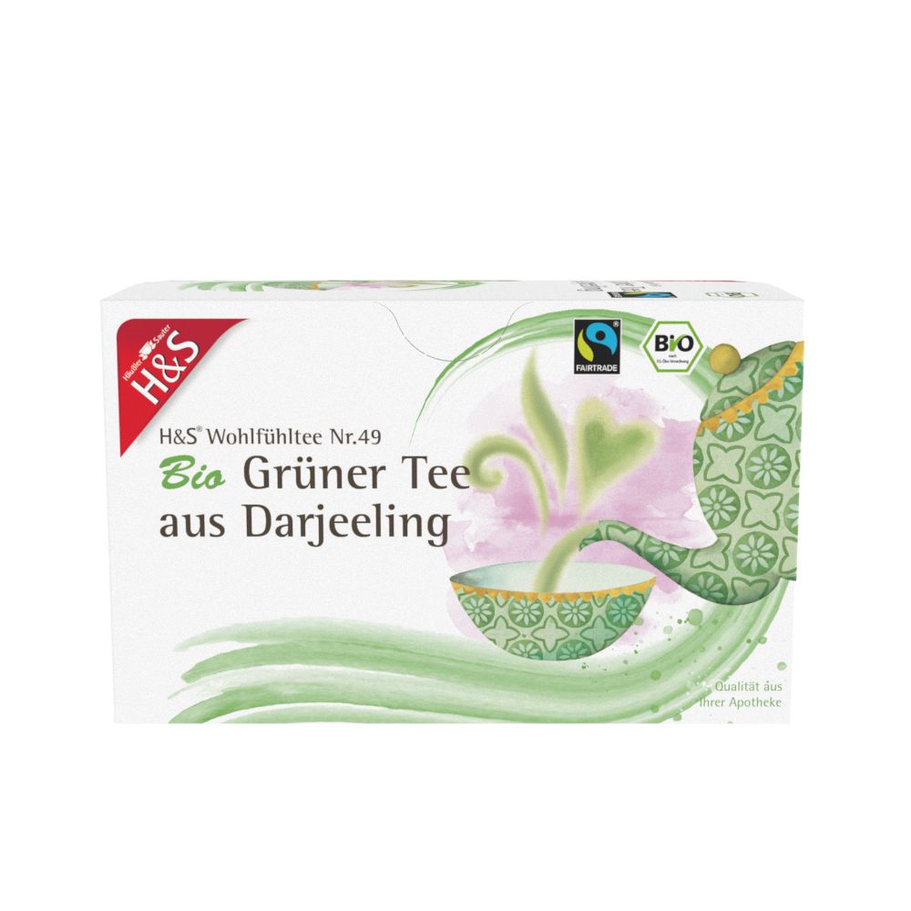 Emballage H&S Bio Thé Vert de Darjeeling avec sceaux Fairtrade et Bio.