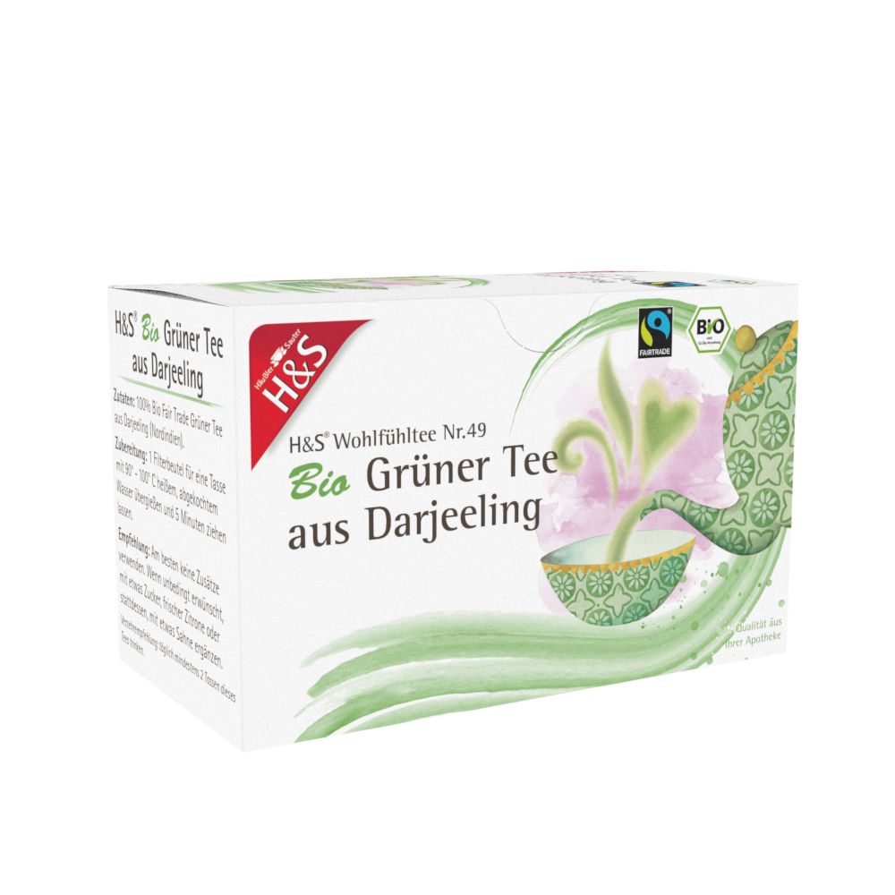 Emballage H&S Bio Thé Vert de Darjeeling avec description détaillée du produit.