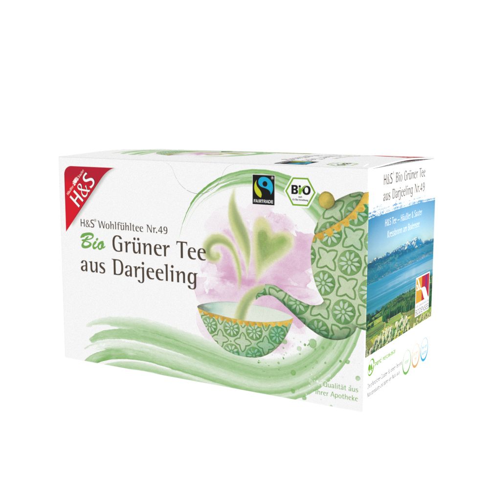 Emballage H&S Bio Thé Vert de Darjeeling avec motif de paysage de montagne.