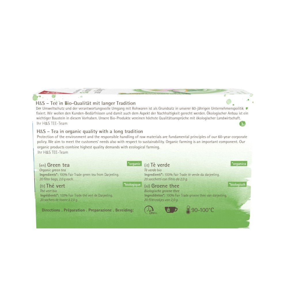 Arrière de l'emballage H&S Bio Thé Vert de Darjeeling avec informations produit.
