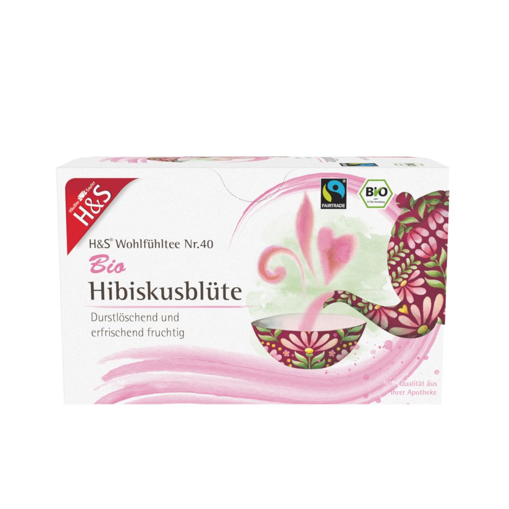 Boîte de thé H&S Bio à l'hibiscus avec design floral et label Fairtrade.