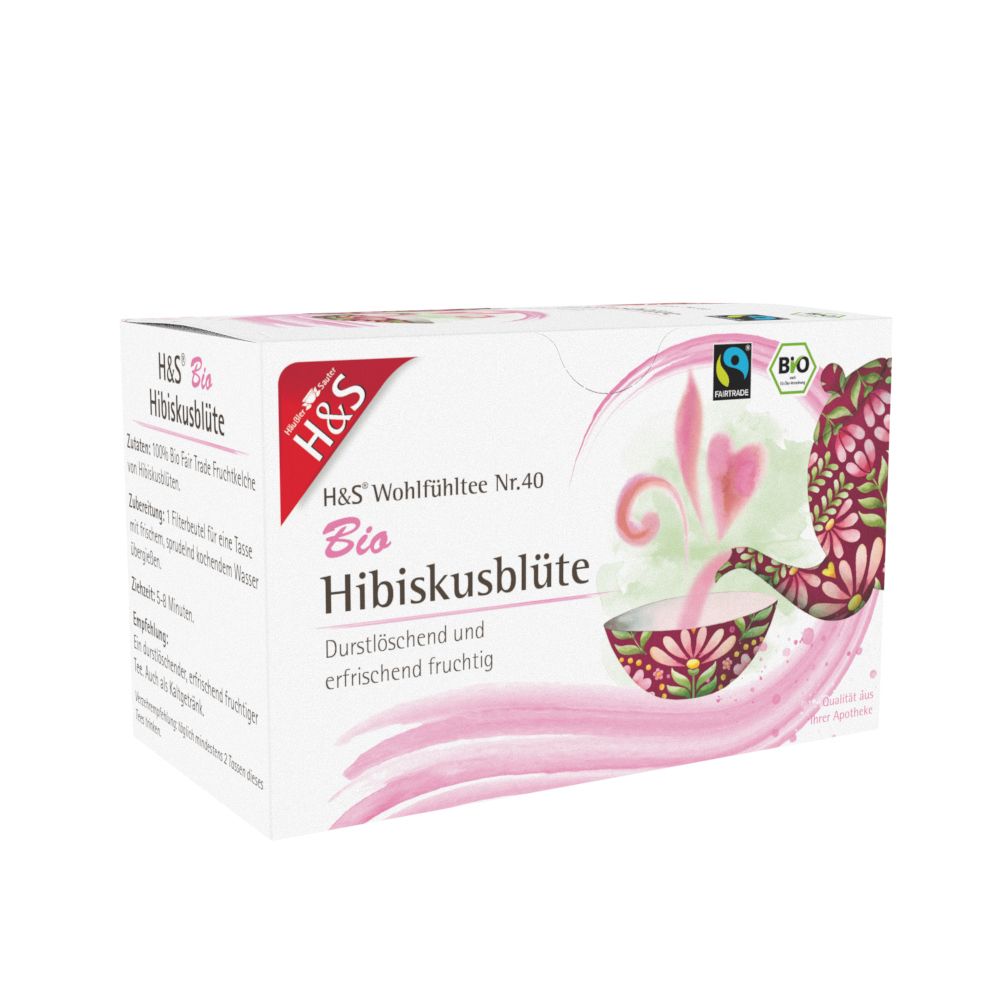 Boîte de thé H&S Bio à l'hibiscus avec face avant détaillée et label Fairtrade.