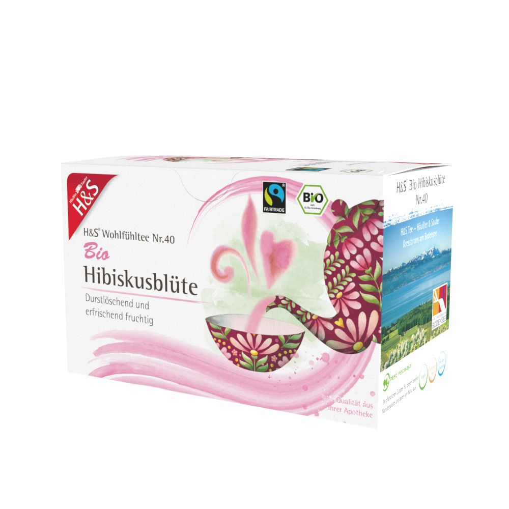 Boîte de thé H&S Bio à l'hibiscus avec vue avant et latérale, montrant une image de paysage.