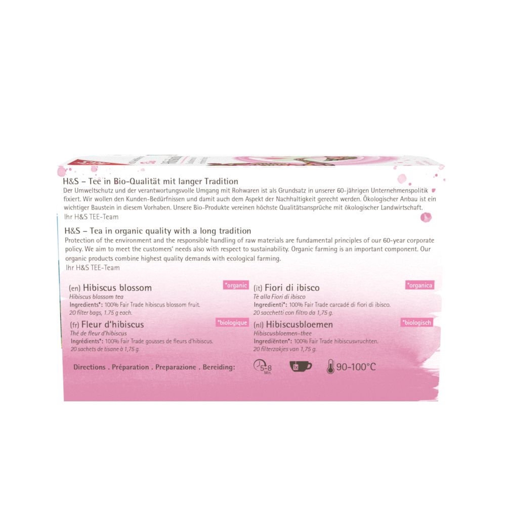 Arrière de la boîte de thé H&S Bio à l'hibiscus avec informations produit en plusieurs langues.
