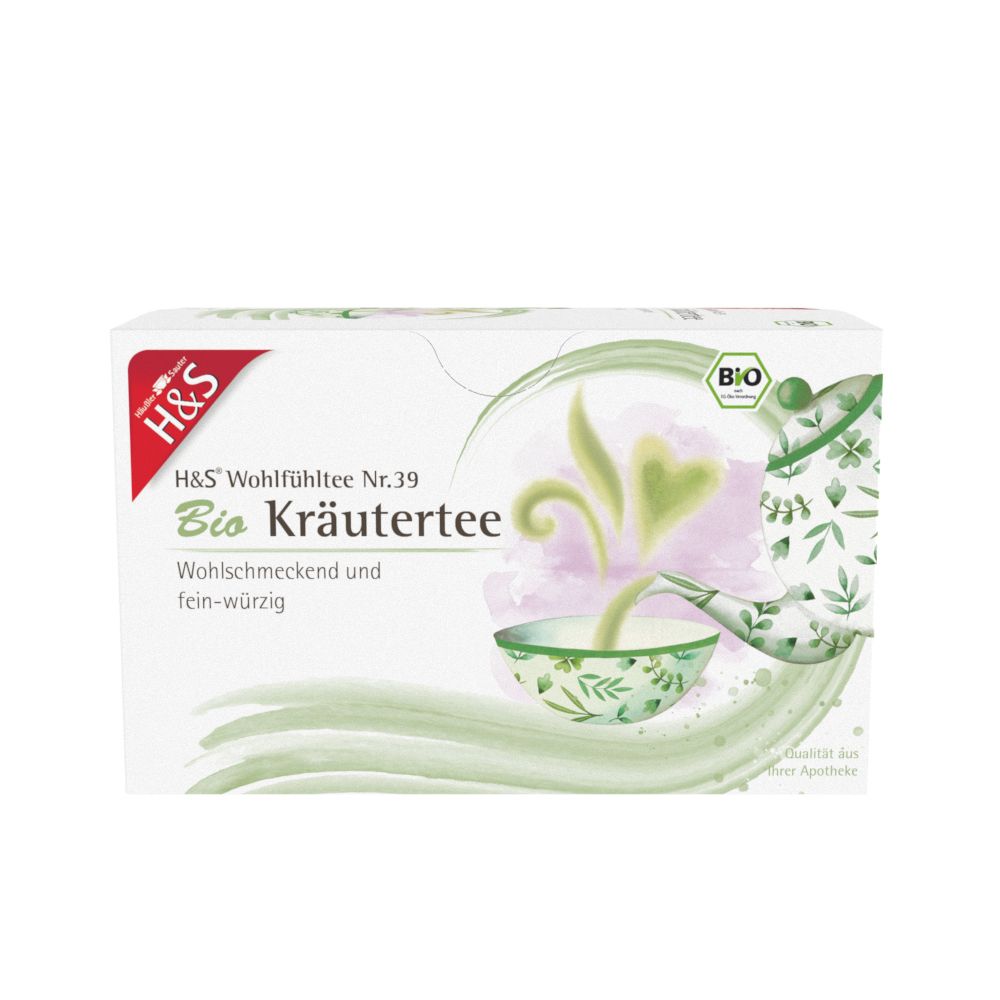 Boîte H&S Bio Kräutertee avec motif d'herbes et sceau BIO.