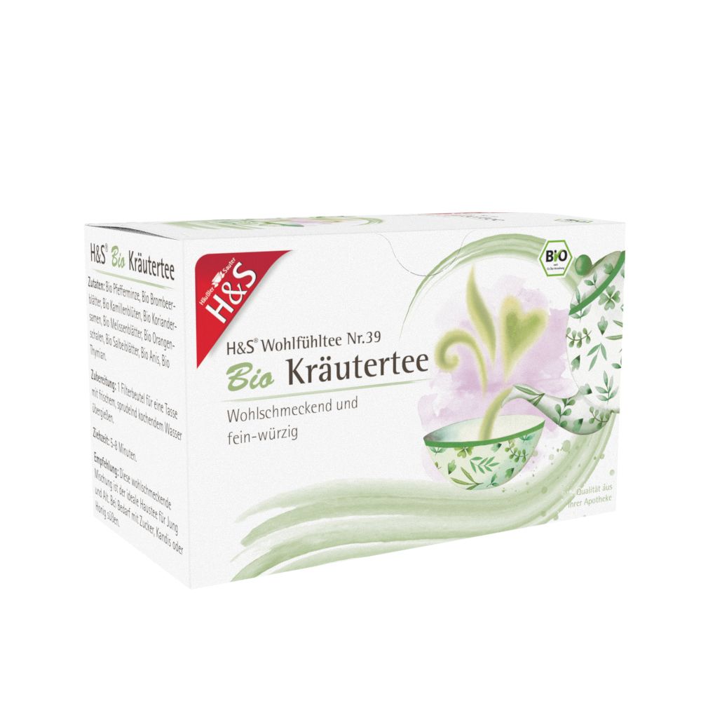 Boîte H&S Bio Kräutertee avec motif d'herbes et sceau BIO.
