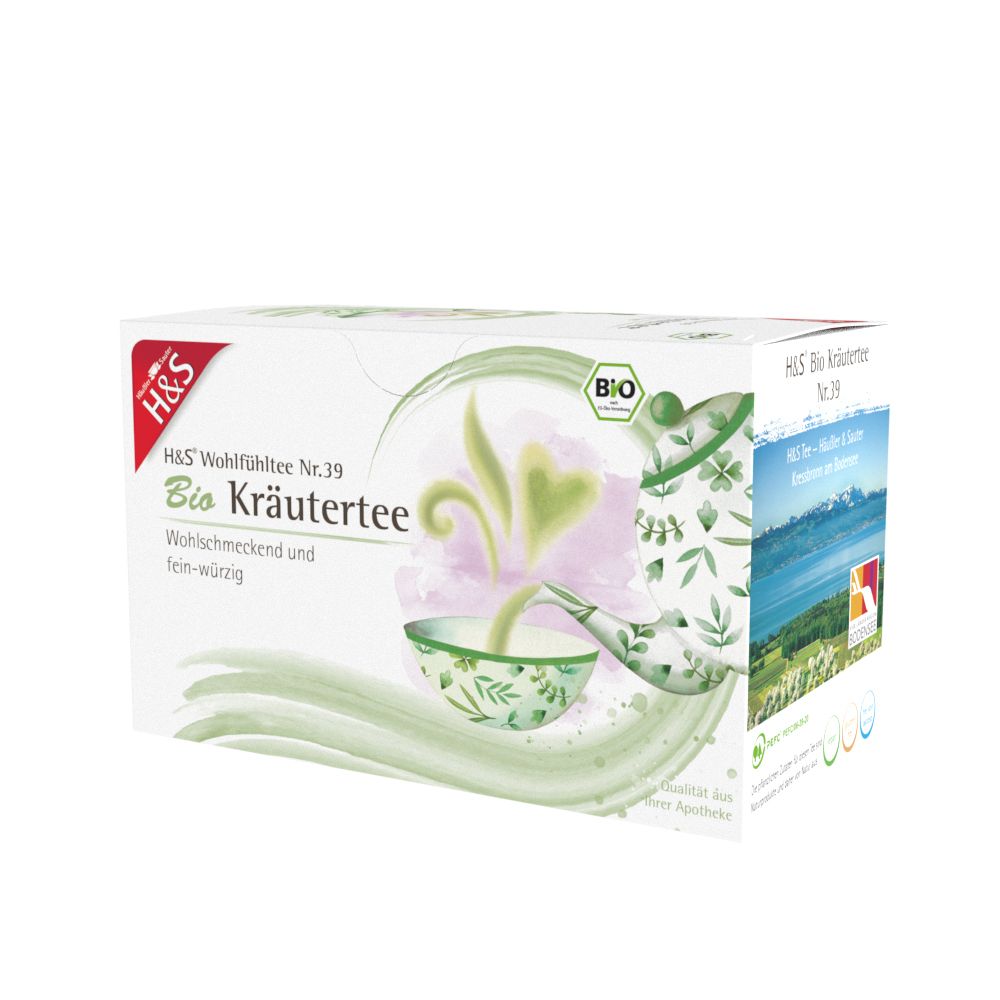 Boîte H&S Bio Kräutertee avec image de paysage et sceau BIO.