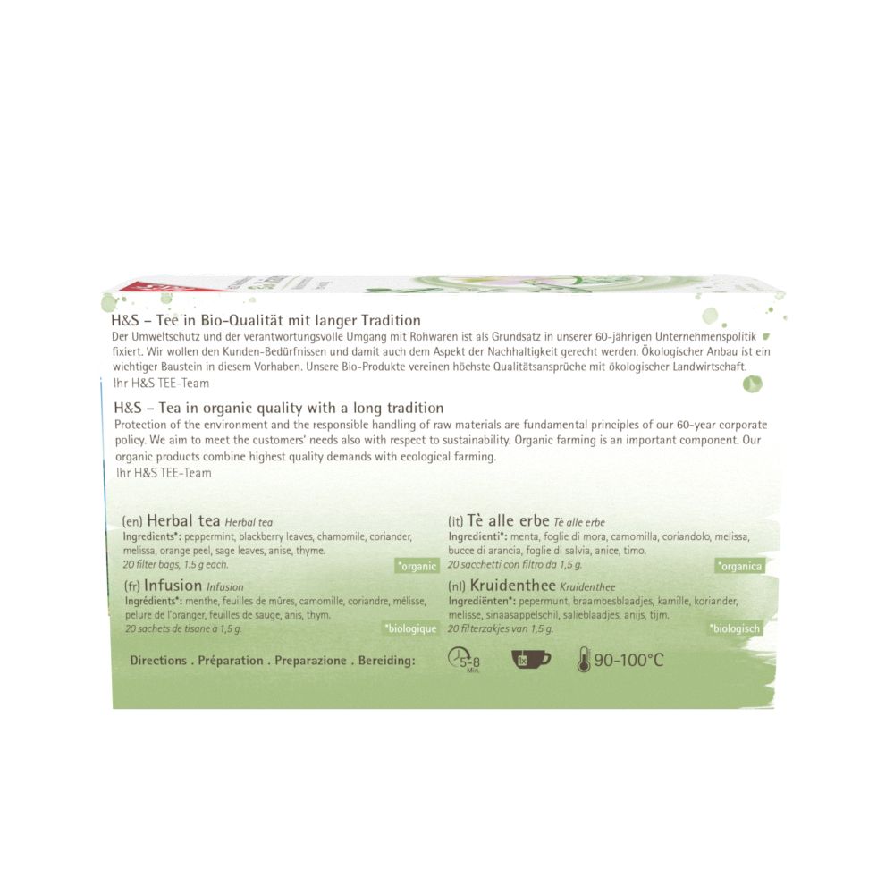 Arrière de la boîte H&S Bio Kräutertee avec liste des ingrédients et préparation.