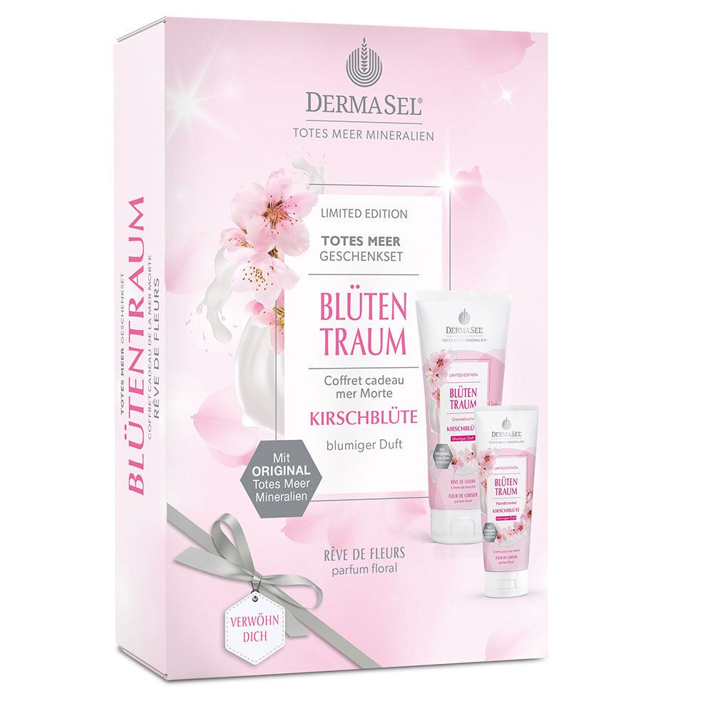 Coffret cadeau Blütentraum. Emballage rose avec logo et texte. Contient trois tubes de produits.