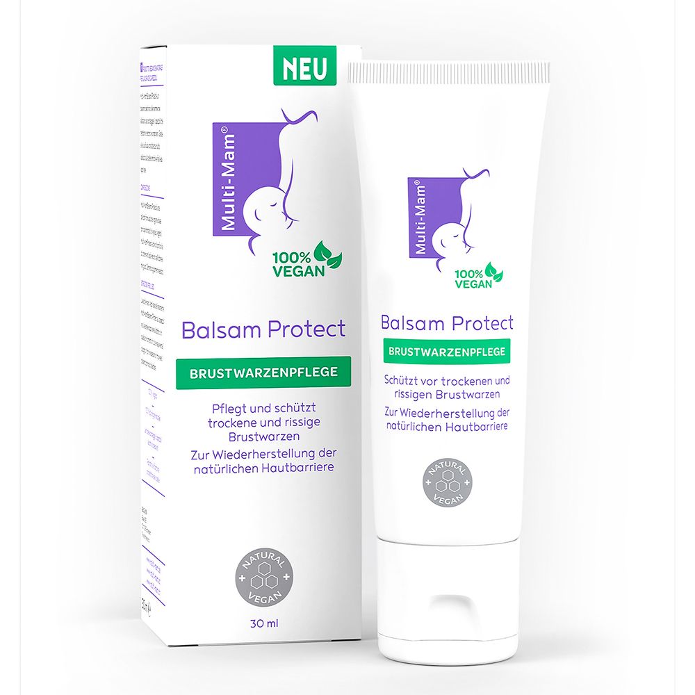 Tube et emballage de Multi-Mam Balsam Protect. Vegan, soin des mamelons.