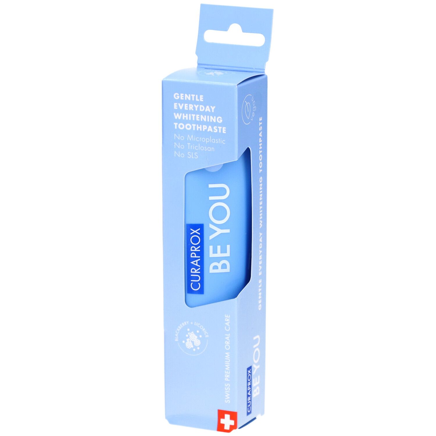 Dentifrice dans un emballage bleu clair. CURAPROX BE YOU, lettrage. Blanchiment quotidien doux. Qualité suisse.