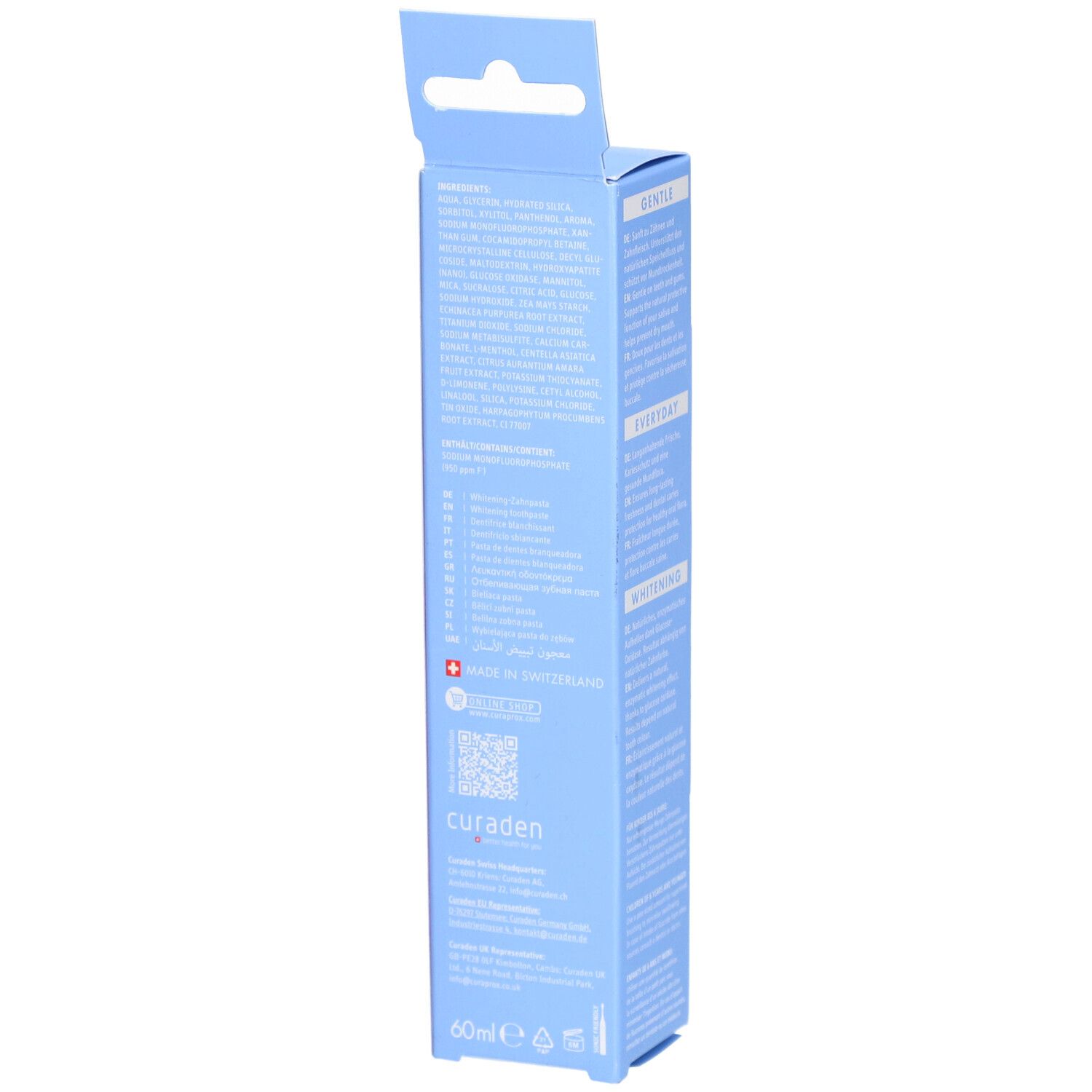 Emballage bleu clair, dos. Informations produit, ingrédients, fabricant. Croix suisse et logo.