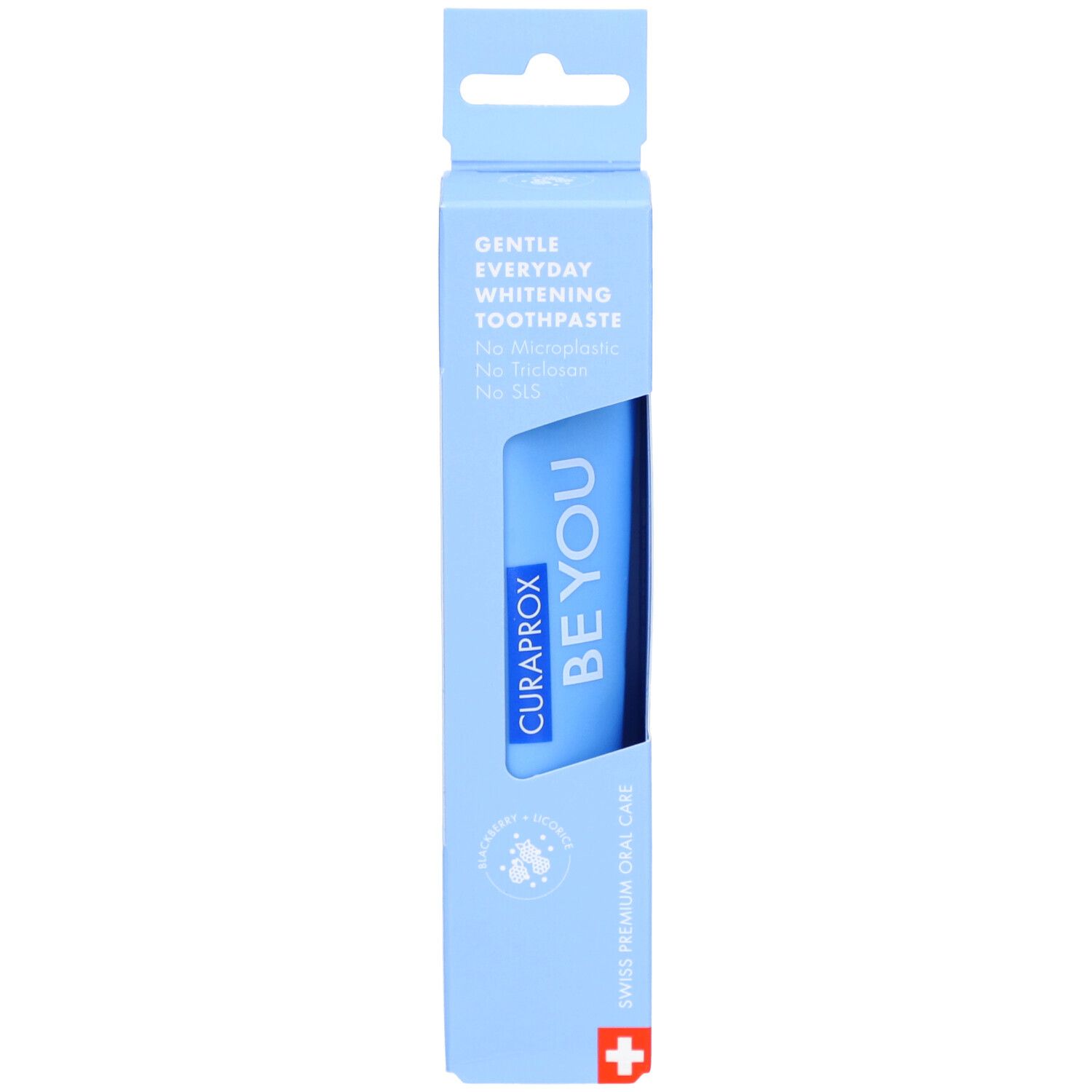 Dentifrice dans un emballage bleu clair. CURAPROX BE YOU, lettrage. Blanchiment quotidien doux. Qualité suisse.