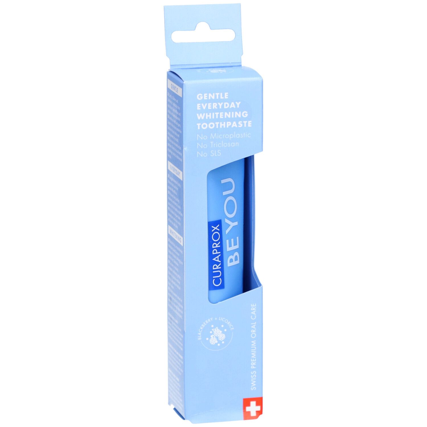 Dentifrice dans un emballage bleu clair. CURAPROX BE YOU, lettrage. Blanchiment quotidien doux. Qualité suisse.