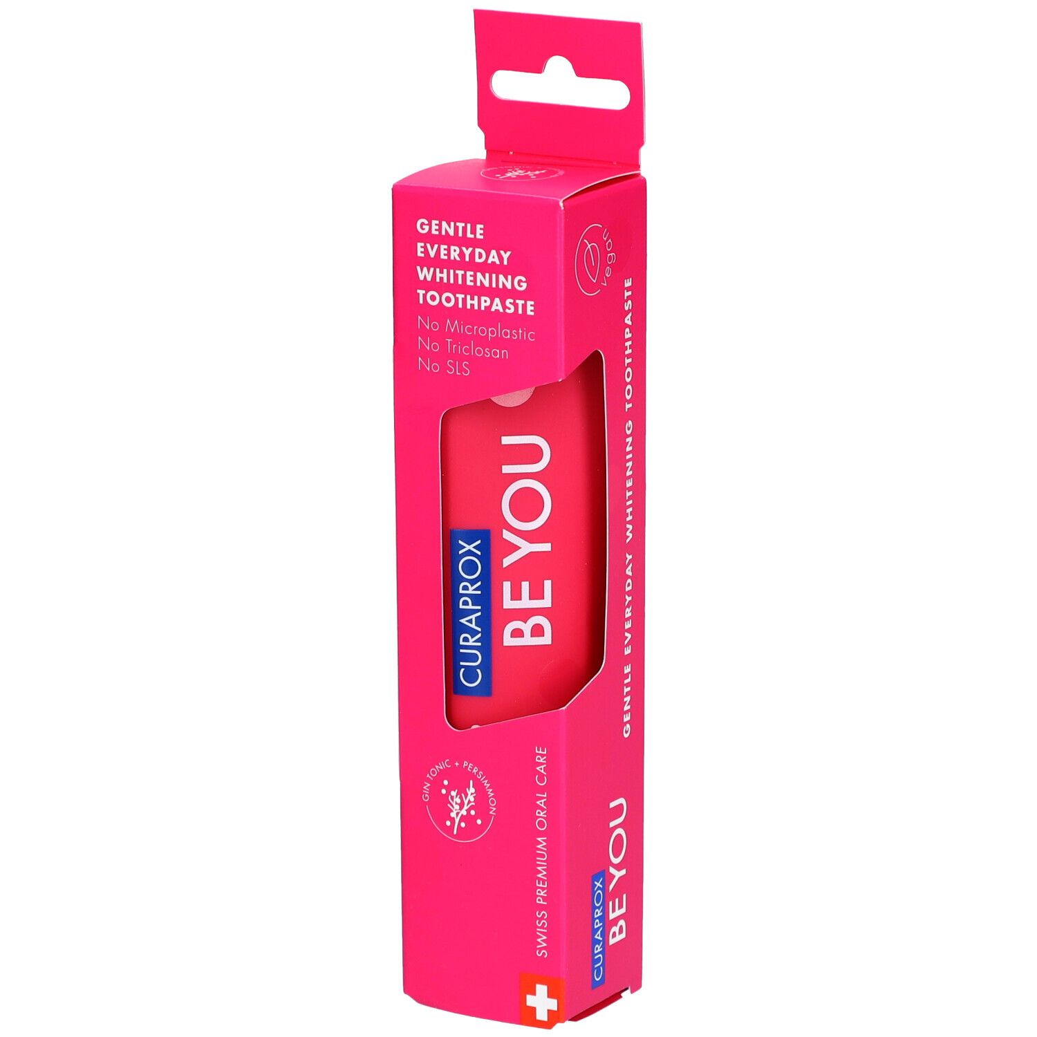 Emballage pour dentifrice CURAPROX BE YOU. Contient un tube rouge avec inscription blanche.