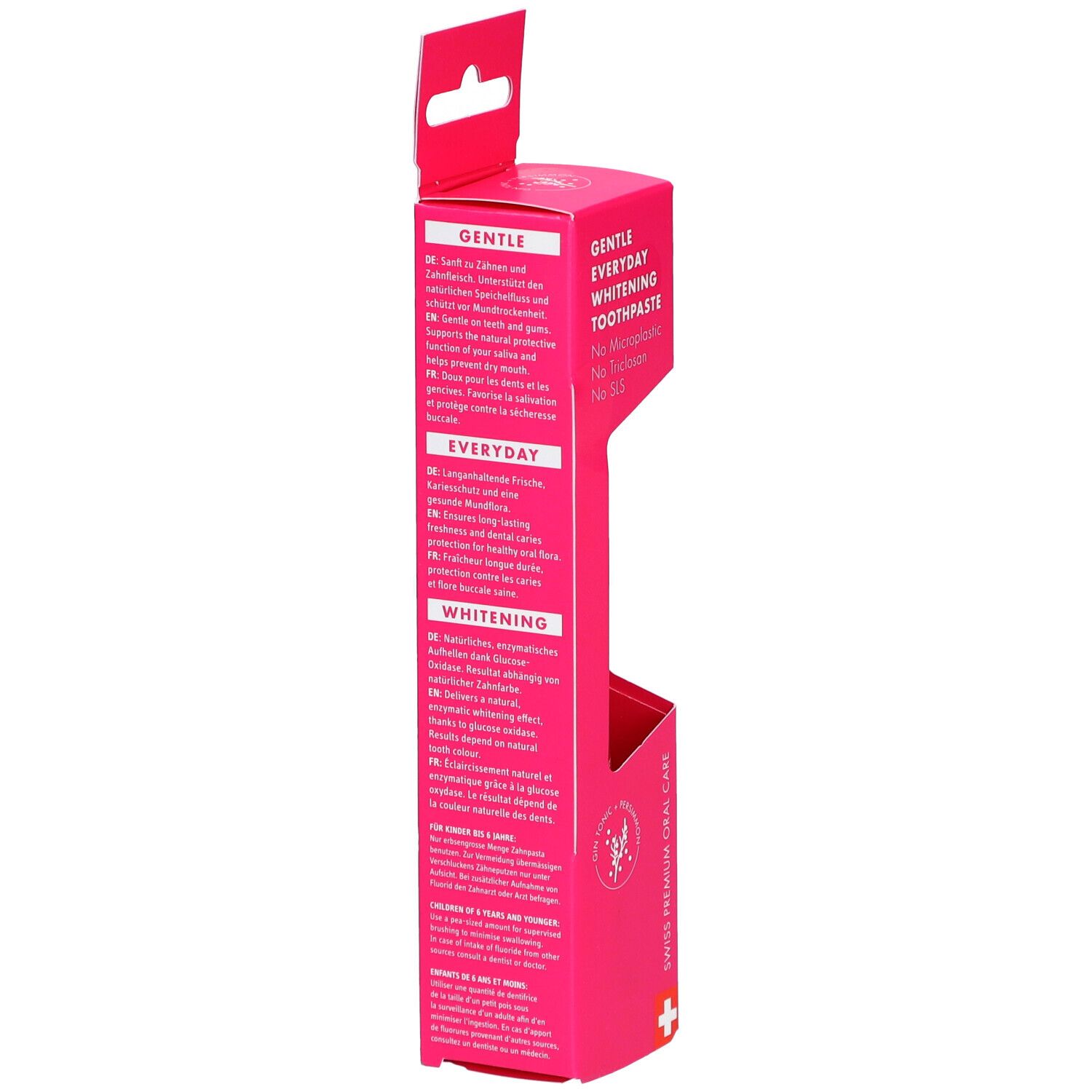 Emballage pour "Gentle Everyday Whitening Toothpaste" avec informations produit multilingues.