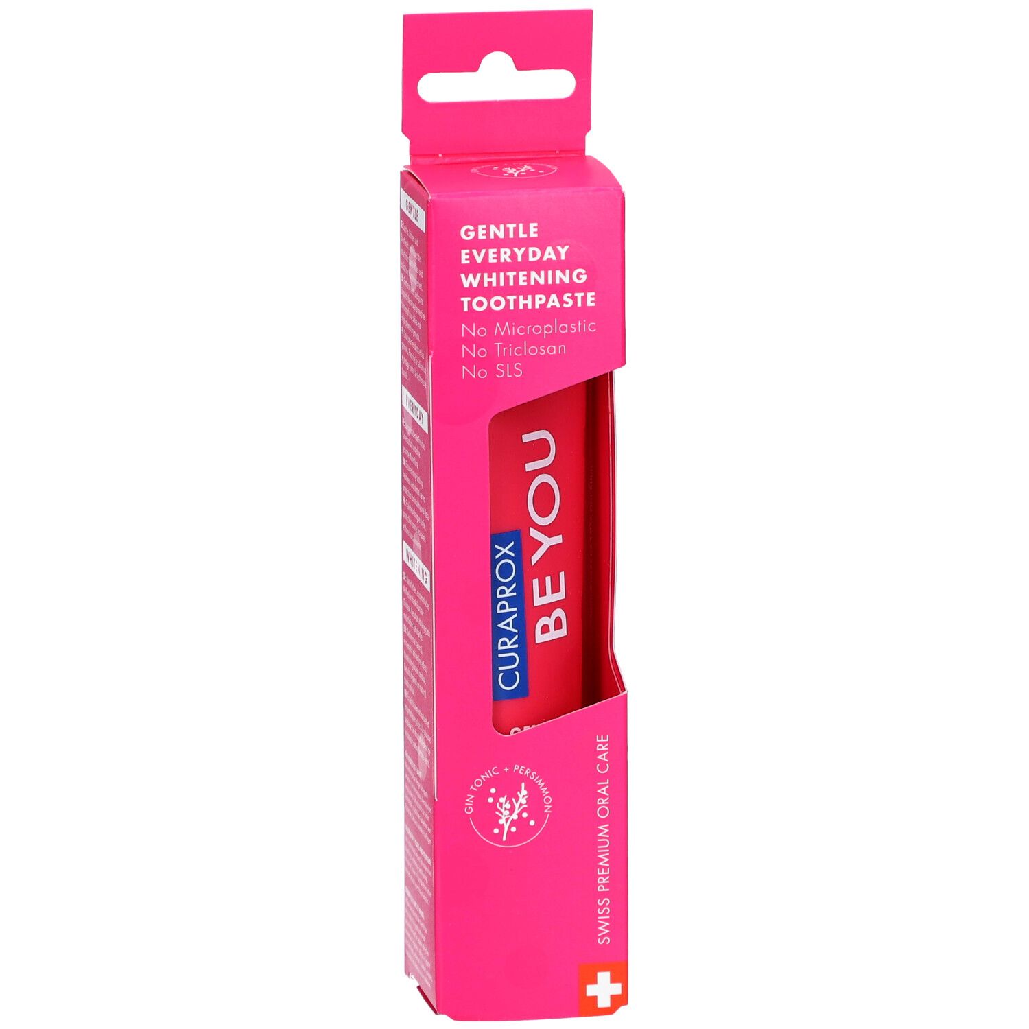 Dentifrice Curaprox Be You dans un emballage rose. Dentifrice blanchissant sans microplastique, triclosan ni SLS.