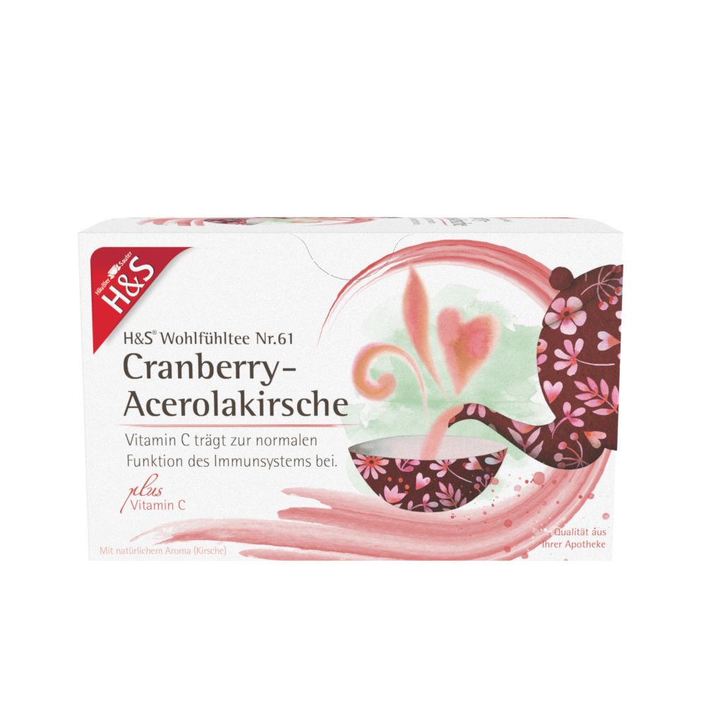 Boîte H&S Cranberry-Acerolakirsche Wohlfühltee avec motif canneberge et acérola.