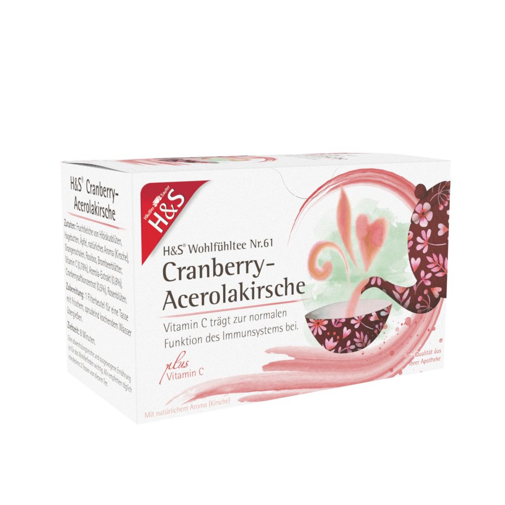 Boîte H&S Cranberry-Acerolakirsche Wohlfühltee, côté gauche avec liste des ingrédients.
