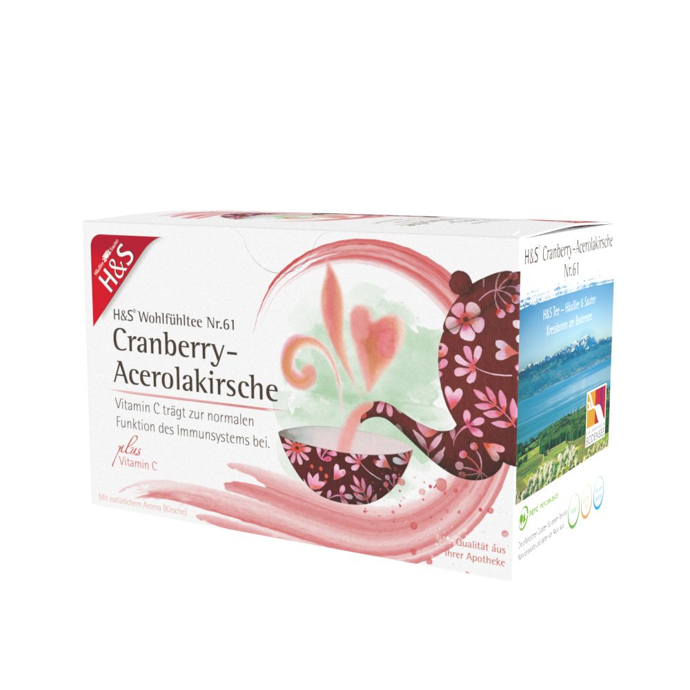 Boîte H&S Cranberry-Acerolakirsche Wohlfühltee avec vue sur paysage montagneux et sceau.