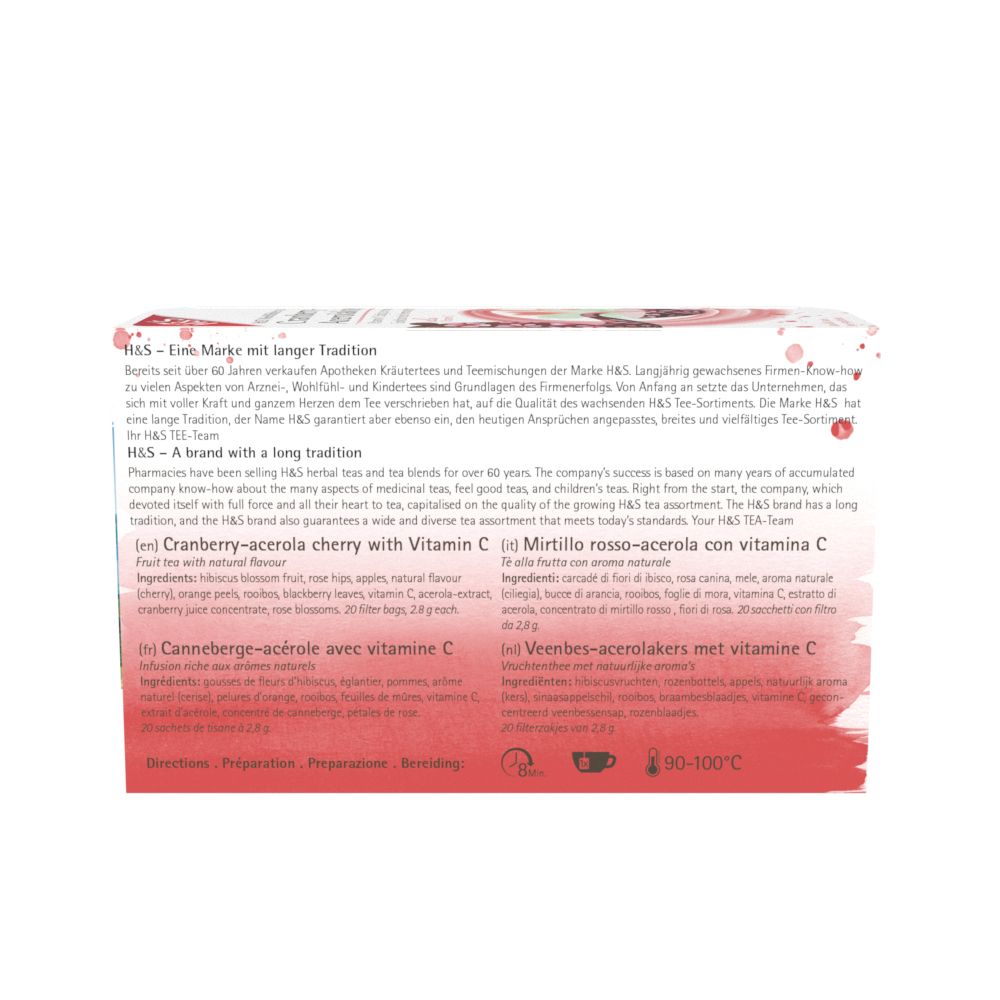 Dos de la boîte H&S Cranberry-Acerolakirsche Wohlfühltee avec informations produit.