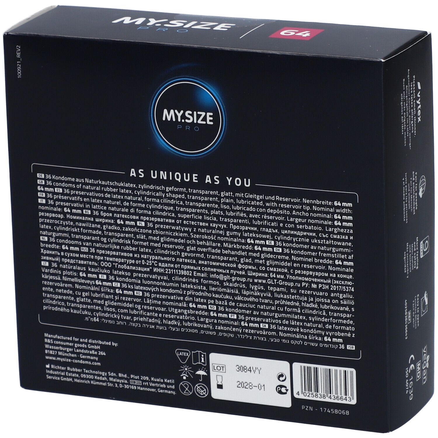 Boîte de 36 préservatifs, marque MY.SIZE PRO, taille 64 mm.