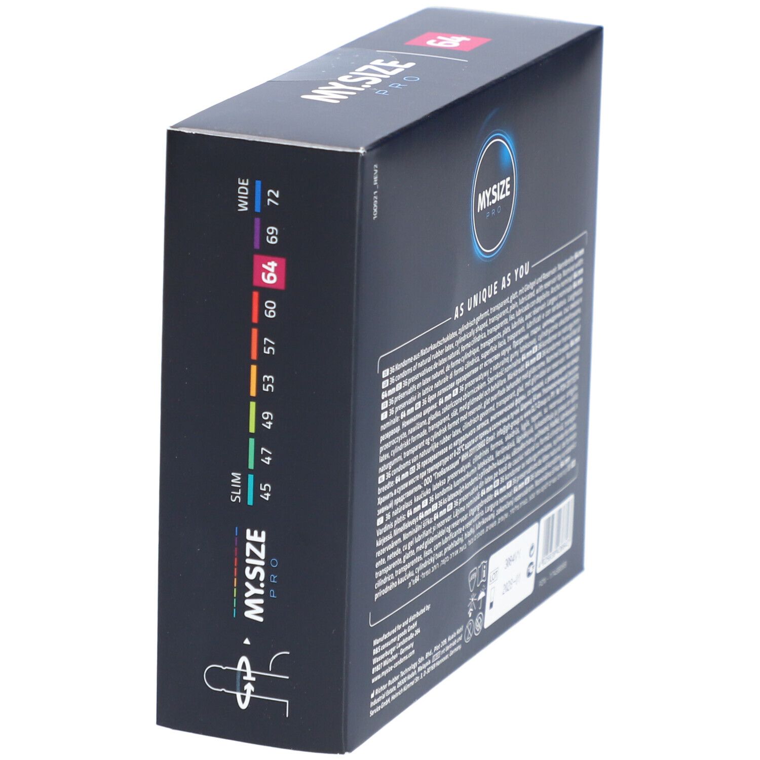 Boîte gris foncé avec échelle de tailles colorée et nom du produit "MY.SIZE PRO".