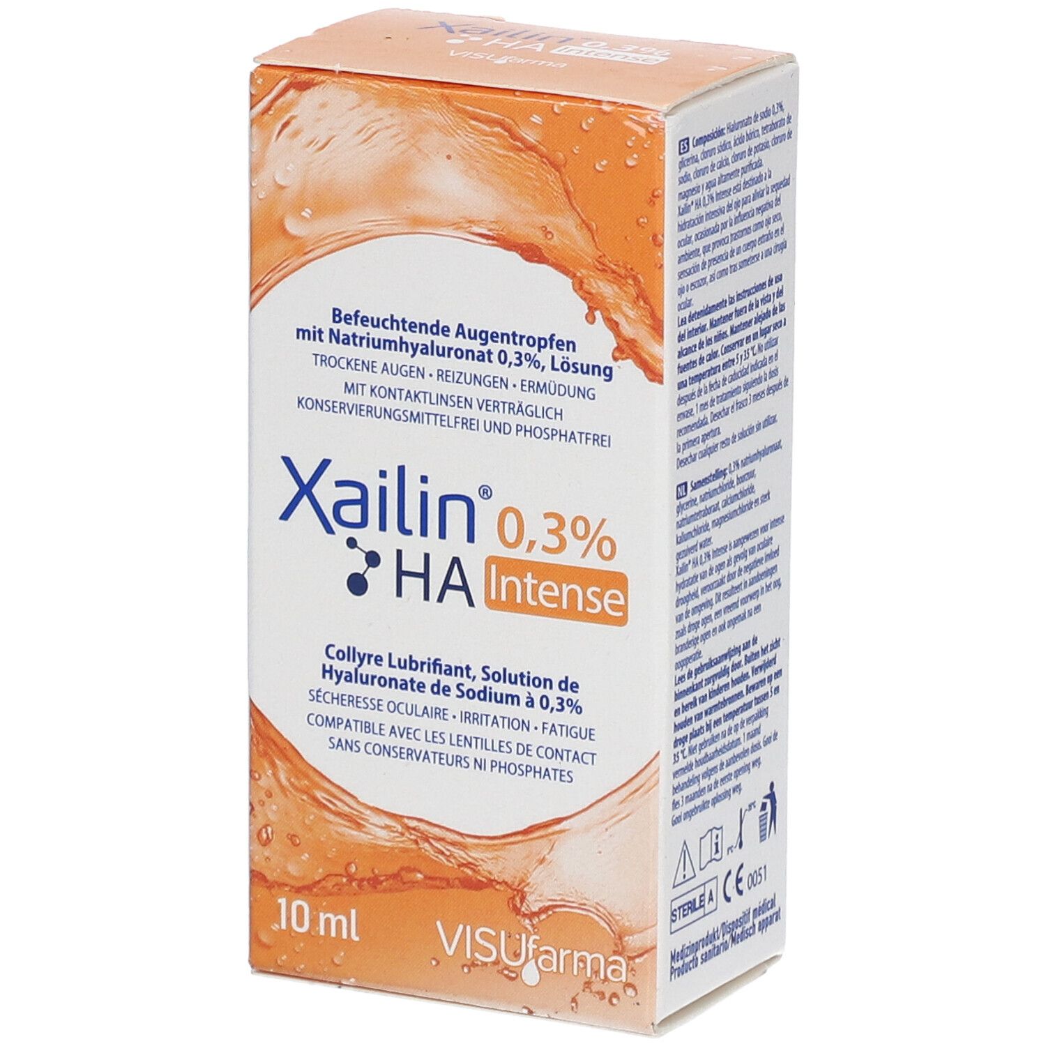 Boîte de Xailin® 0,3% HA Intense. Contient 10 ml. Nom du produit et informations sur le devant.
