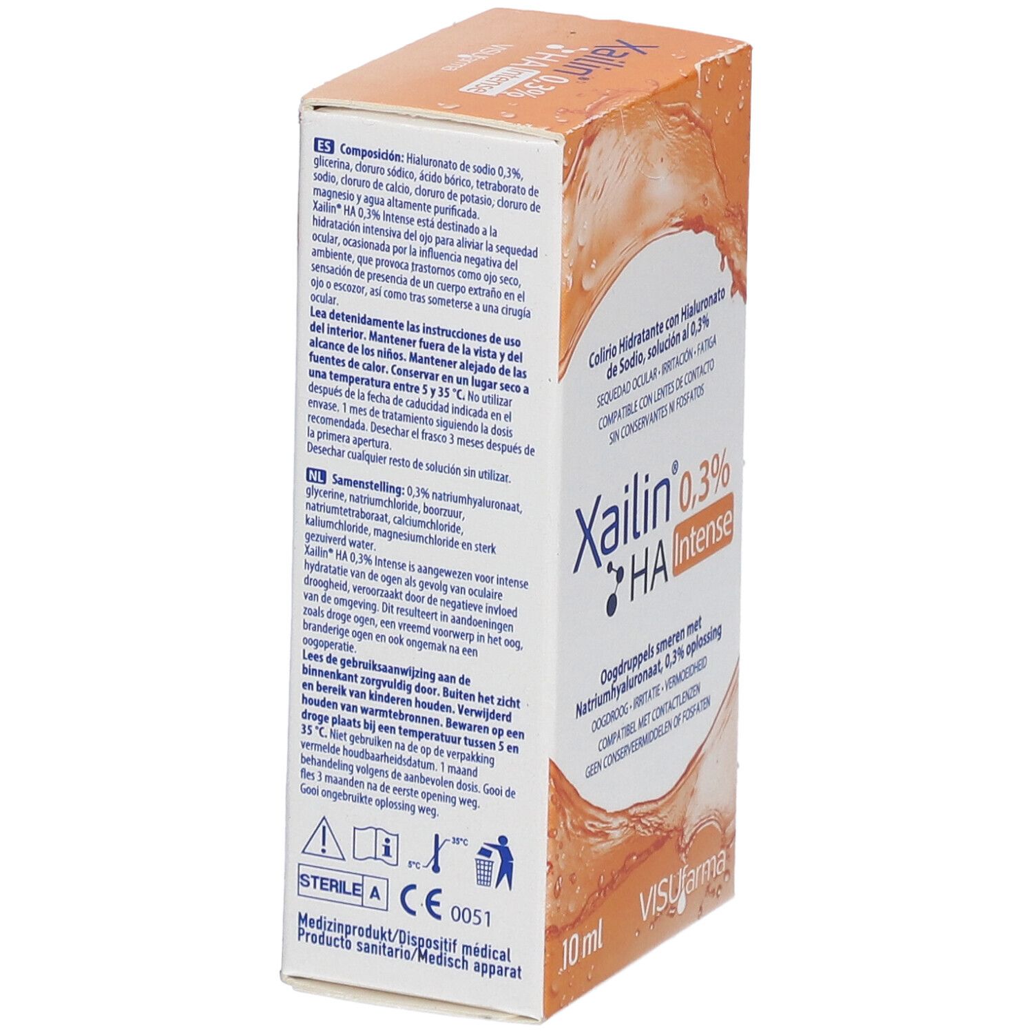 Boîte de Xailin® 0,3% HA Intense. Contient 10 ml. Vue latérale avec informations.