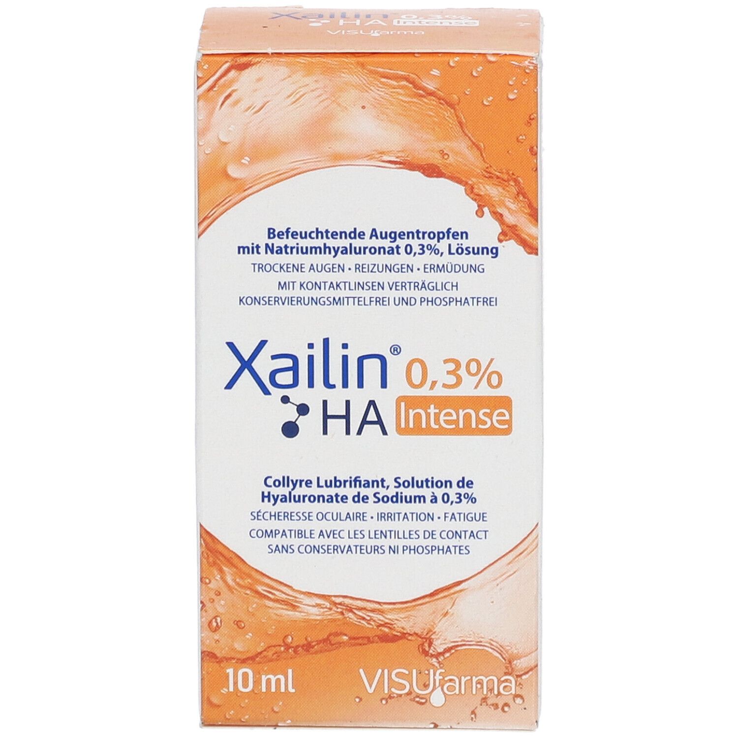 Boîte de Xailin® 0,3% HA Intense. Contient 10 ml. Nom du produit et informations sur le devant.