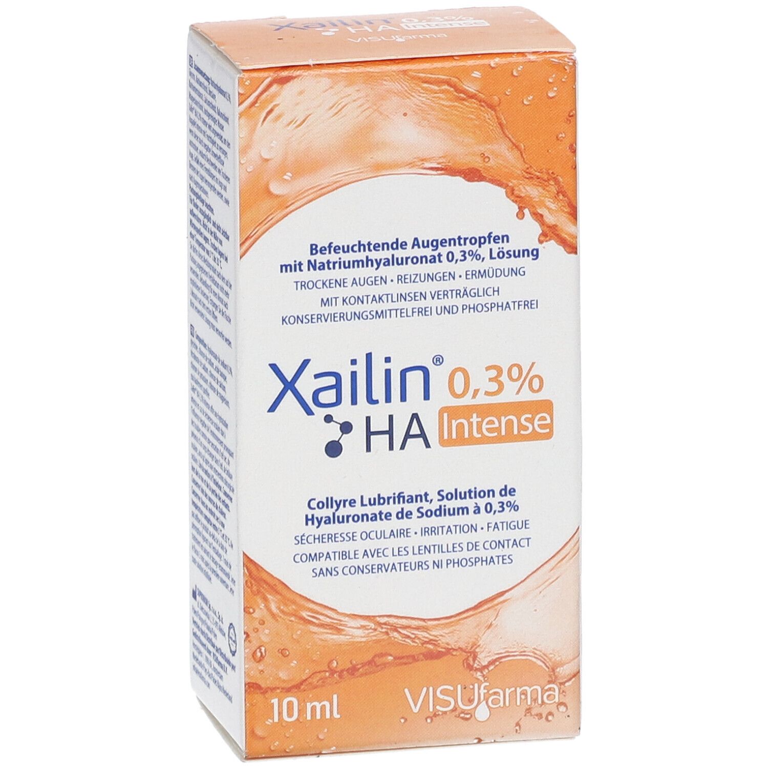 Boîte de Xailin® 0,3% HA Intense. Contient 10 ml. Nom du produit et informations sur le devant.