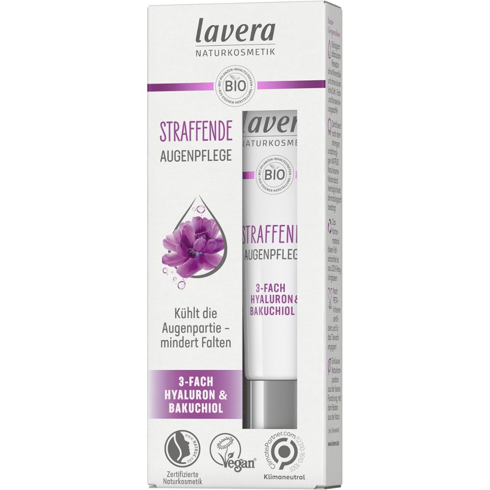 Crème pour les yeux Lavera en emballage. Tube et boîte avec informations et logo.