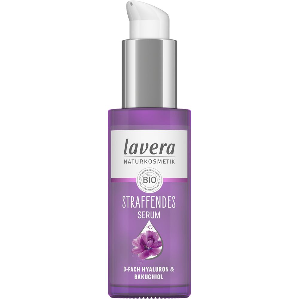 Flacon de sérum raffermissant Lavera. Flacon en verre violet avec pompe argentée. Texte blanc et motif floral.