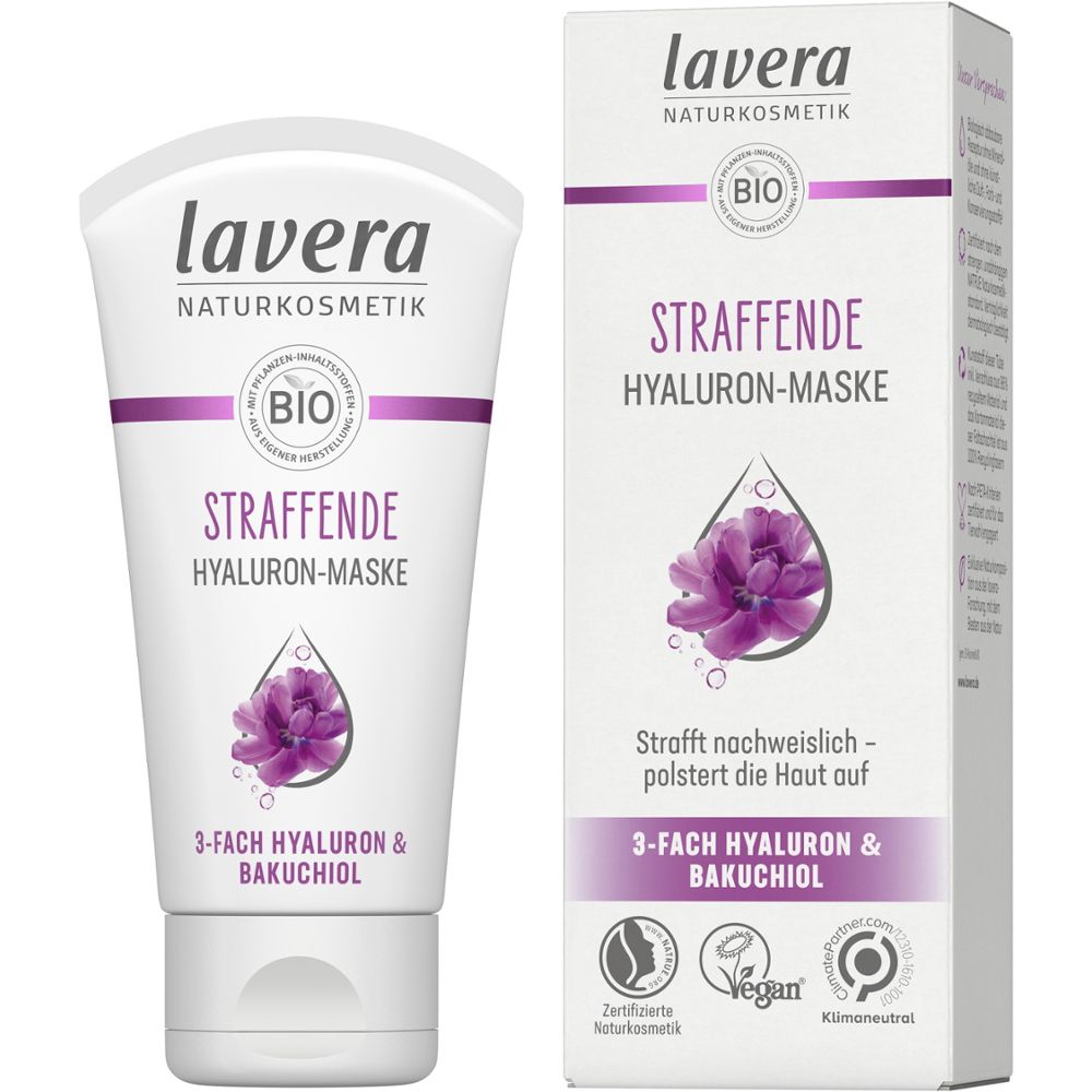 Lavera Masque raffermissant à l'acide hyaluronique, tube et emballage. Label bio, illustration florale. 3-fach Hyaluron & Bakuchiol.
