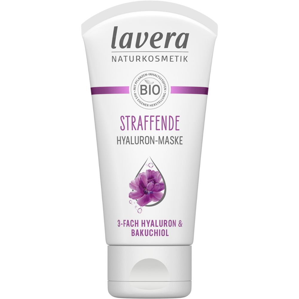 Lavera Masque raffermissant à l'acide hyaluronique, tube. Label bio, illustration florale. 3-fach Hyaluron & Bakuchiol. Tube blanc.
